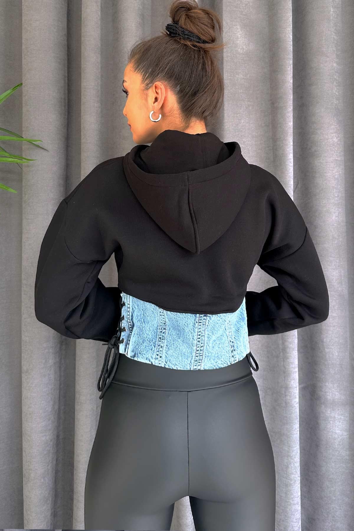 Bel Korse Detaylı Kadın Kısa  Sweatshirt - Siyah