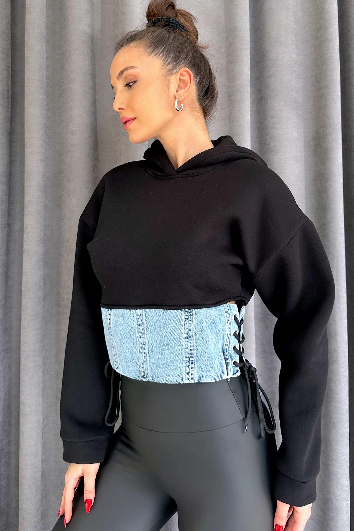 Bel Korse Detaylı Kadın Kısa  Sweatshirt - Siyah