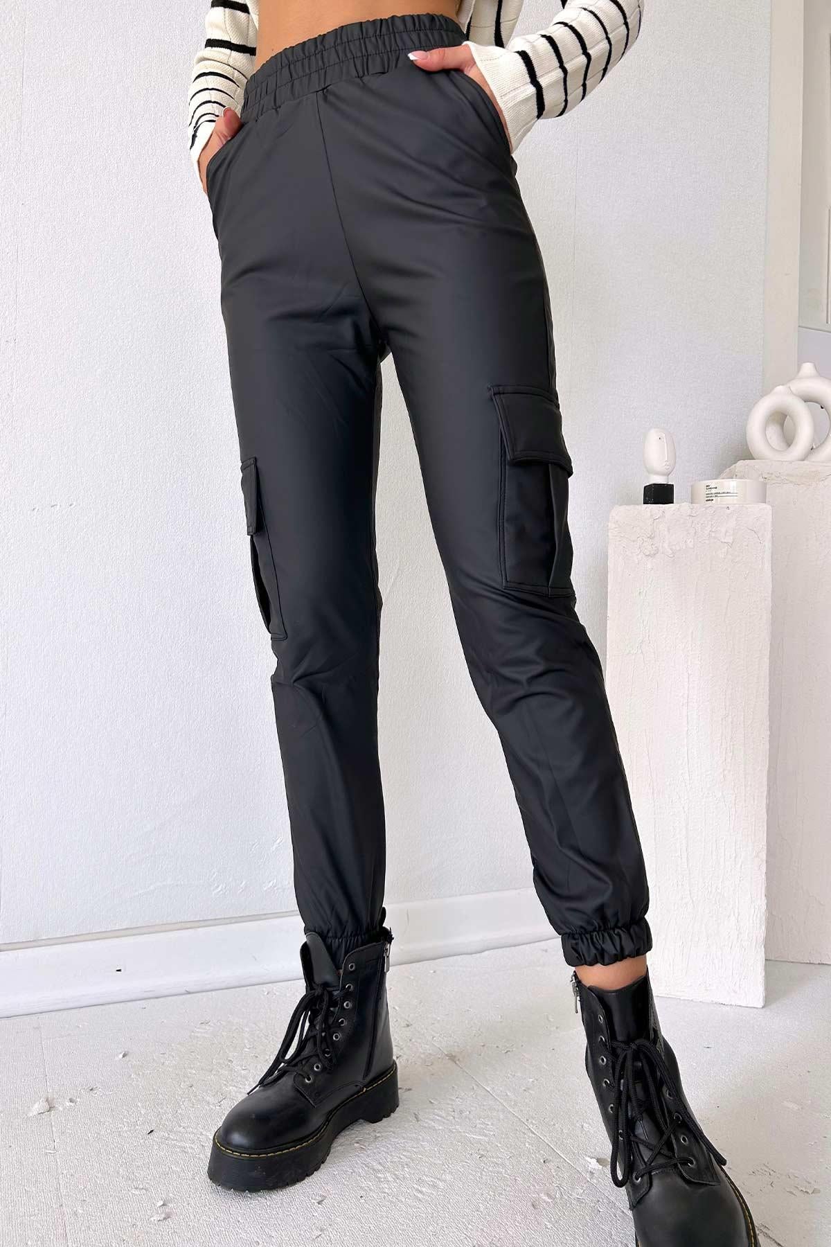 Beli Lastikli Deri Kargo Cepli Jogger Pantolon - Siyah