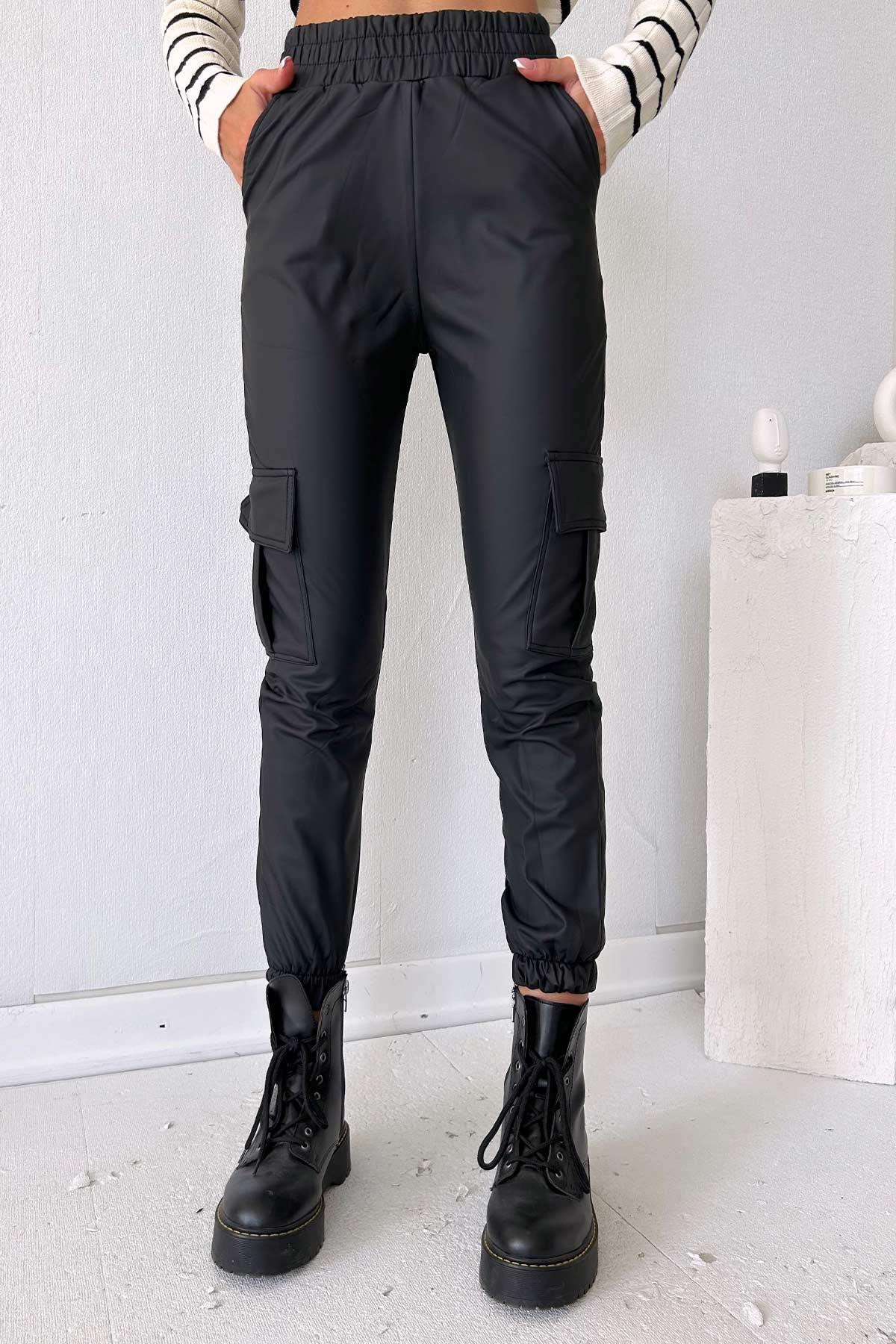Beli Lastikli Deri Kargo Cepli Jogger Pantolon - Siyah