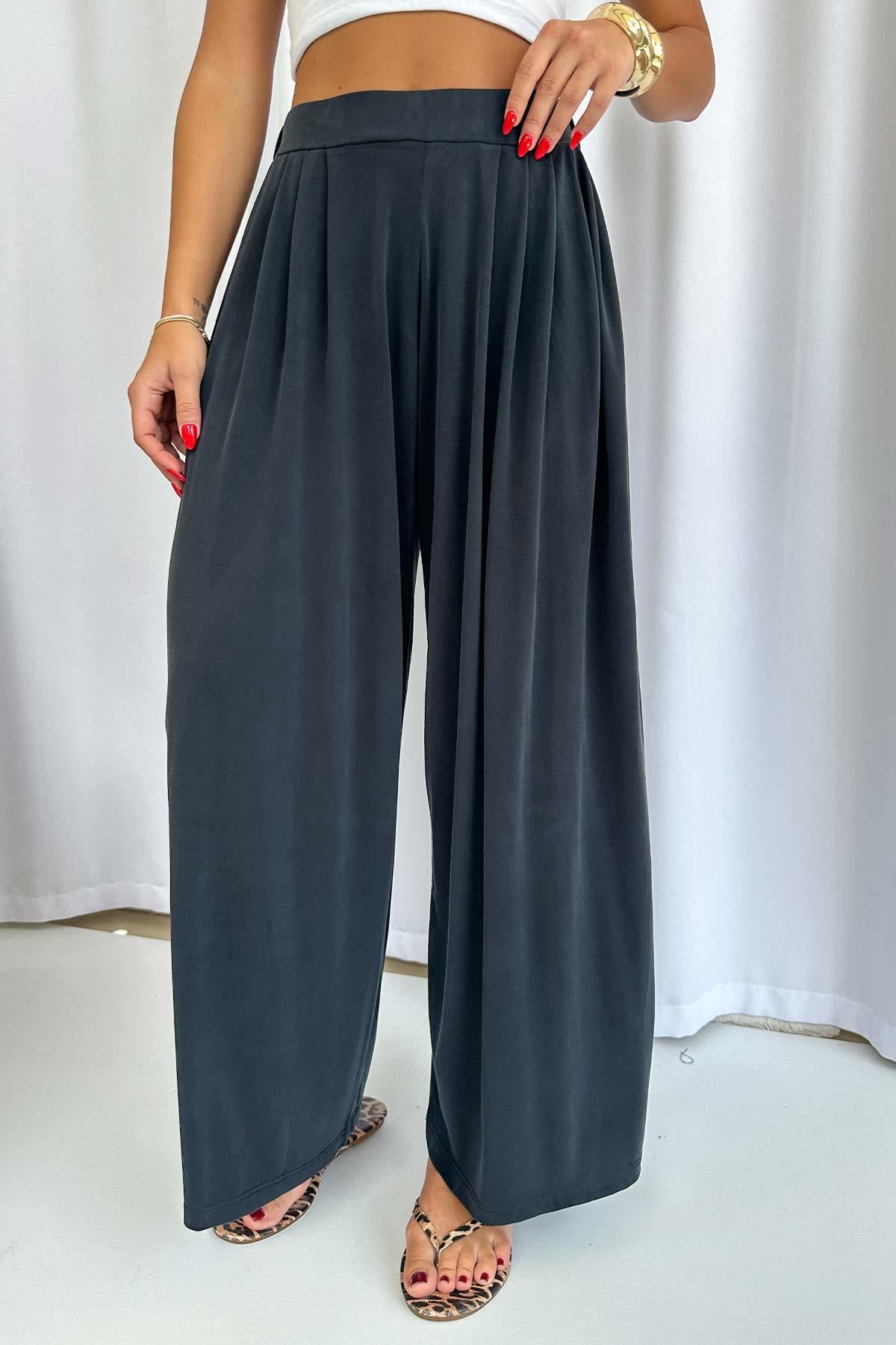 Beli Lastikli Dökümlü Modal Kumaş Pantolon - Füme