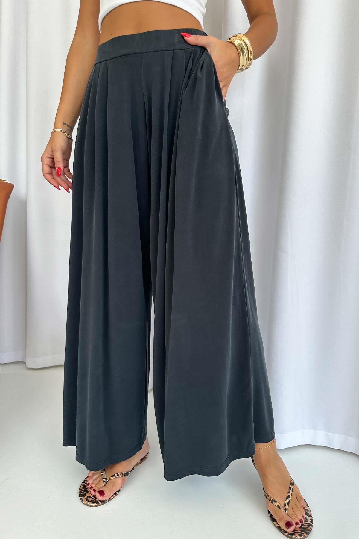 Beli Lastikli Dökümlü Modal Kumaş Pantolon - Füme