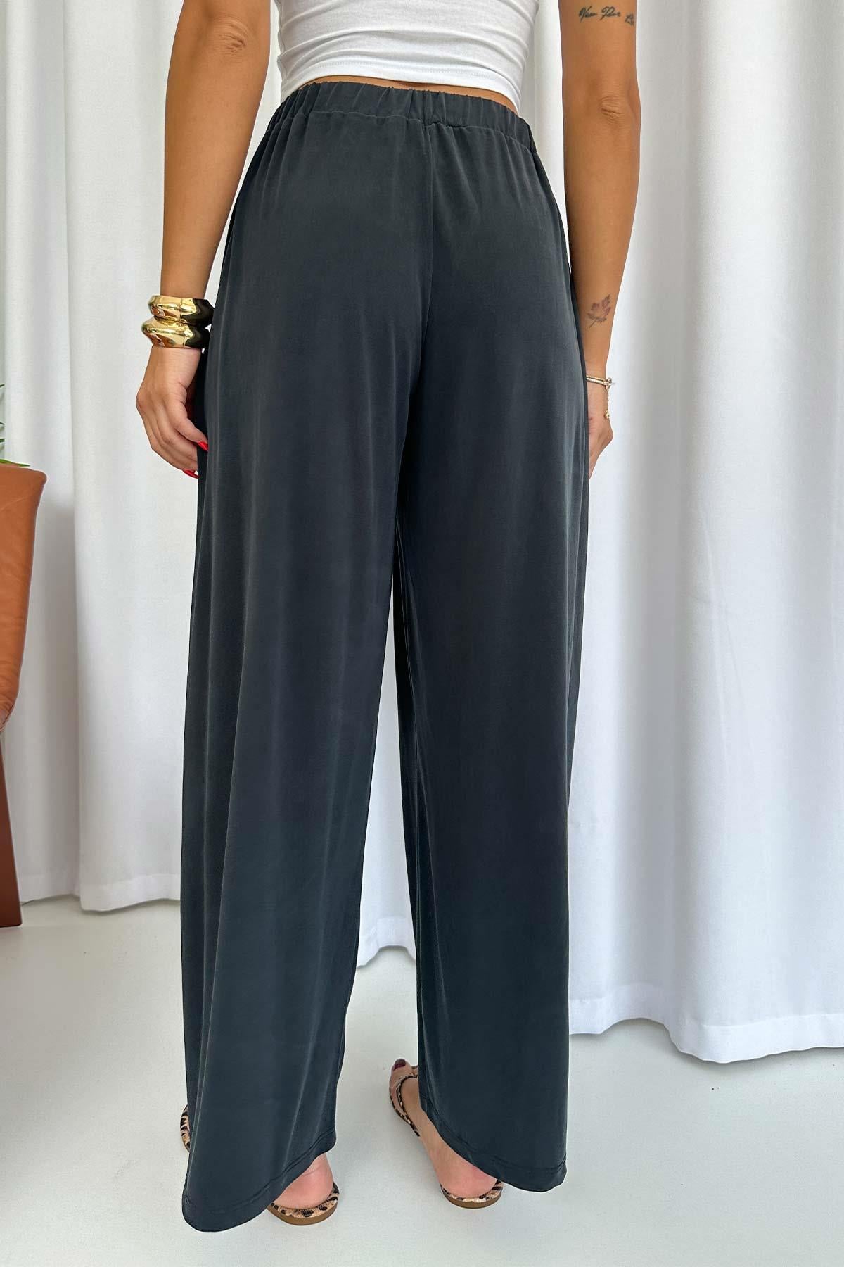 Beli Lastikli Dökümlü Modal Kumaş Pantolon - Füme