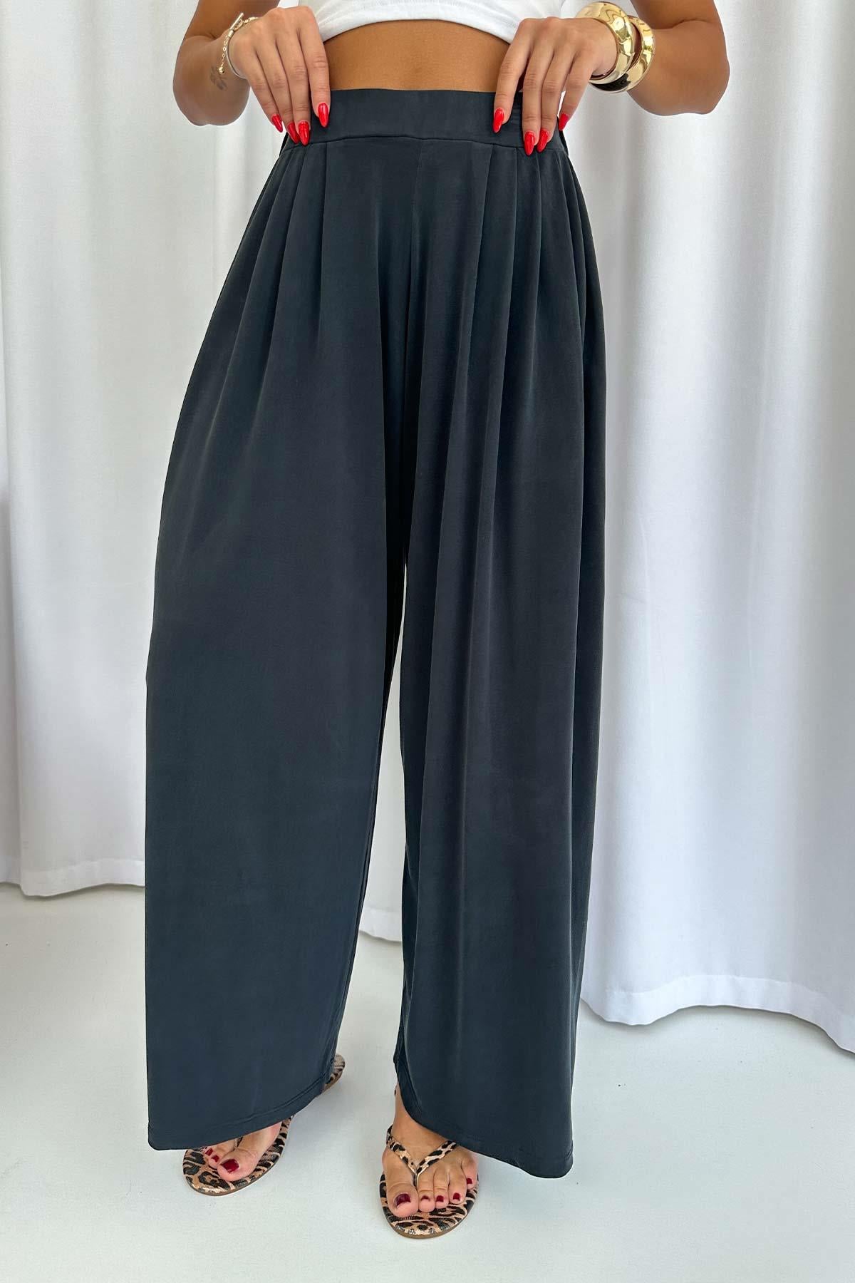Beli Lastikli Dökümlü Modal Kumaş Pantolon - Füme