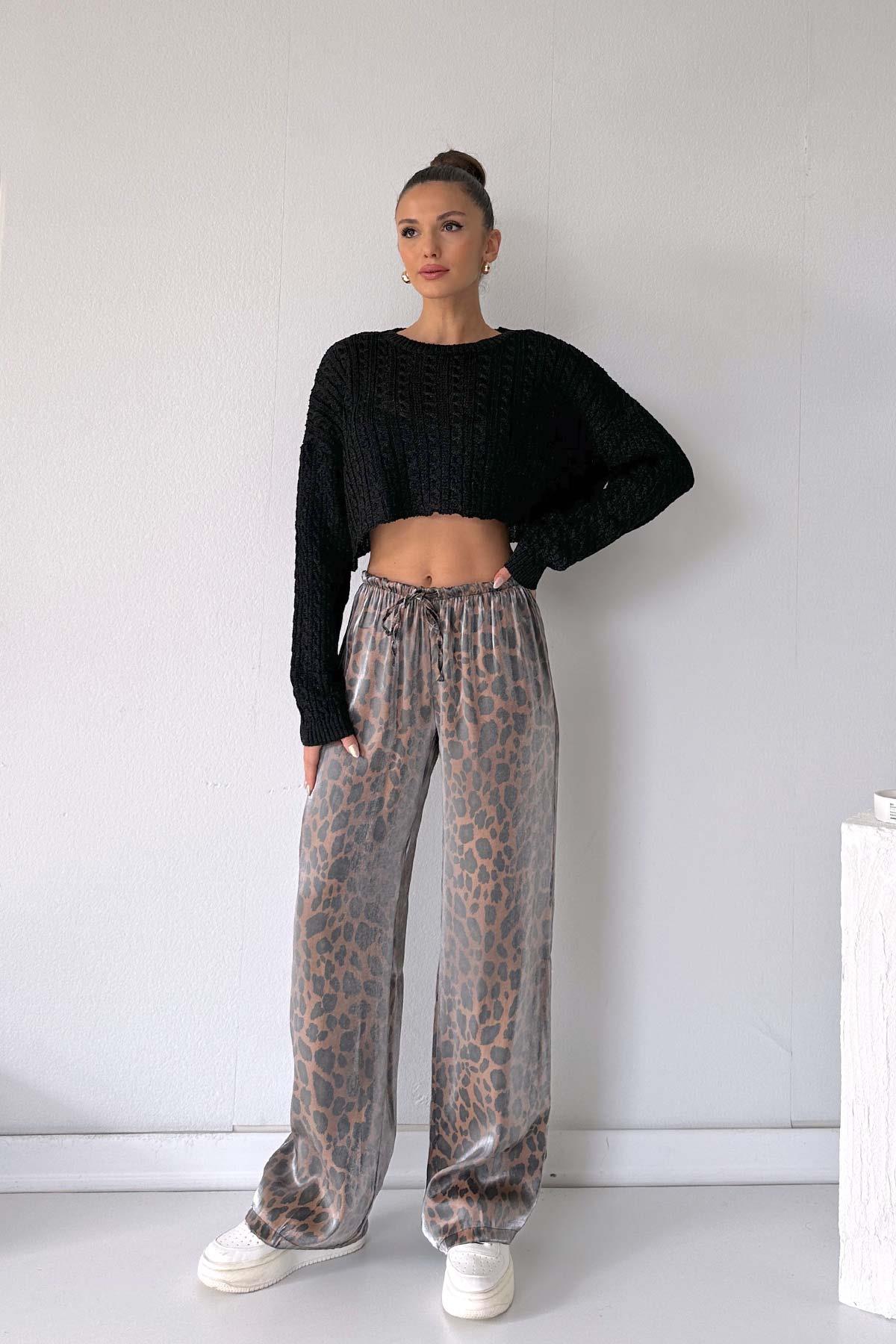 Beli Lastikli İp Detay Bol Paça Pantalon - Leopar