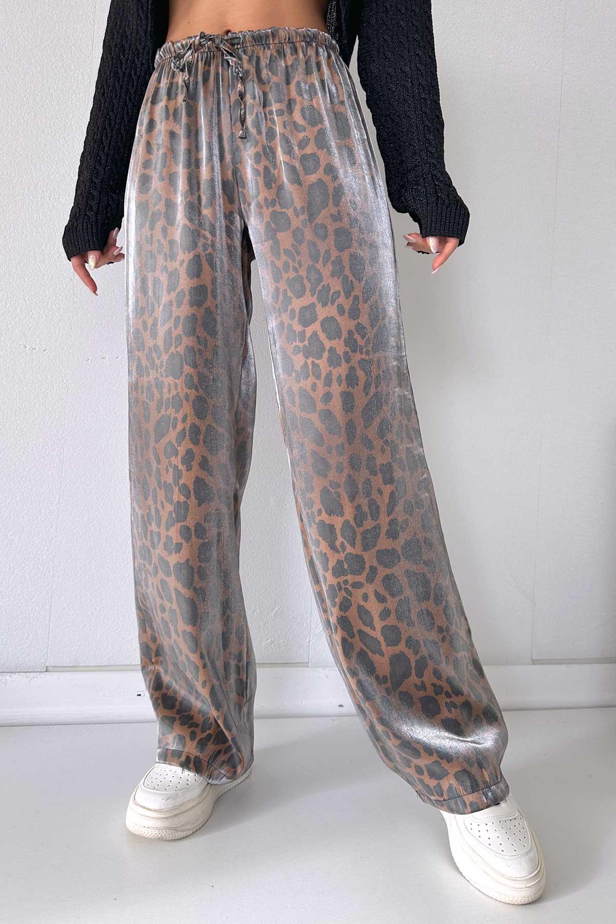 Beli Lastikli İp Detay Bol Paça Pantalon - Leopar