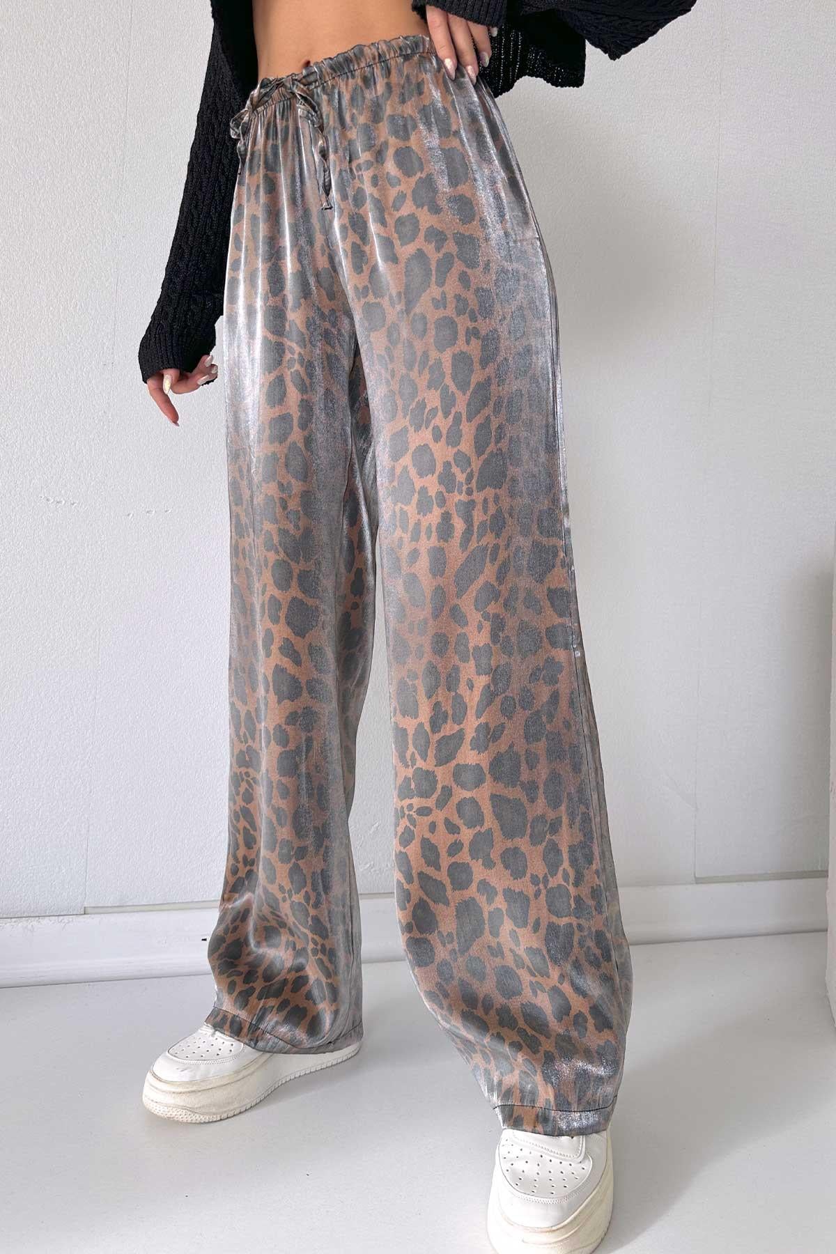 Beli Lastikli İp Detay Bol Paça Pantalon - Leopar