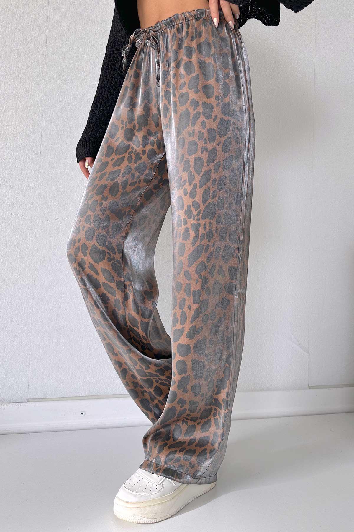 Beli Lastikli İp Detay Bol Paça Pantalon - Leopar