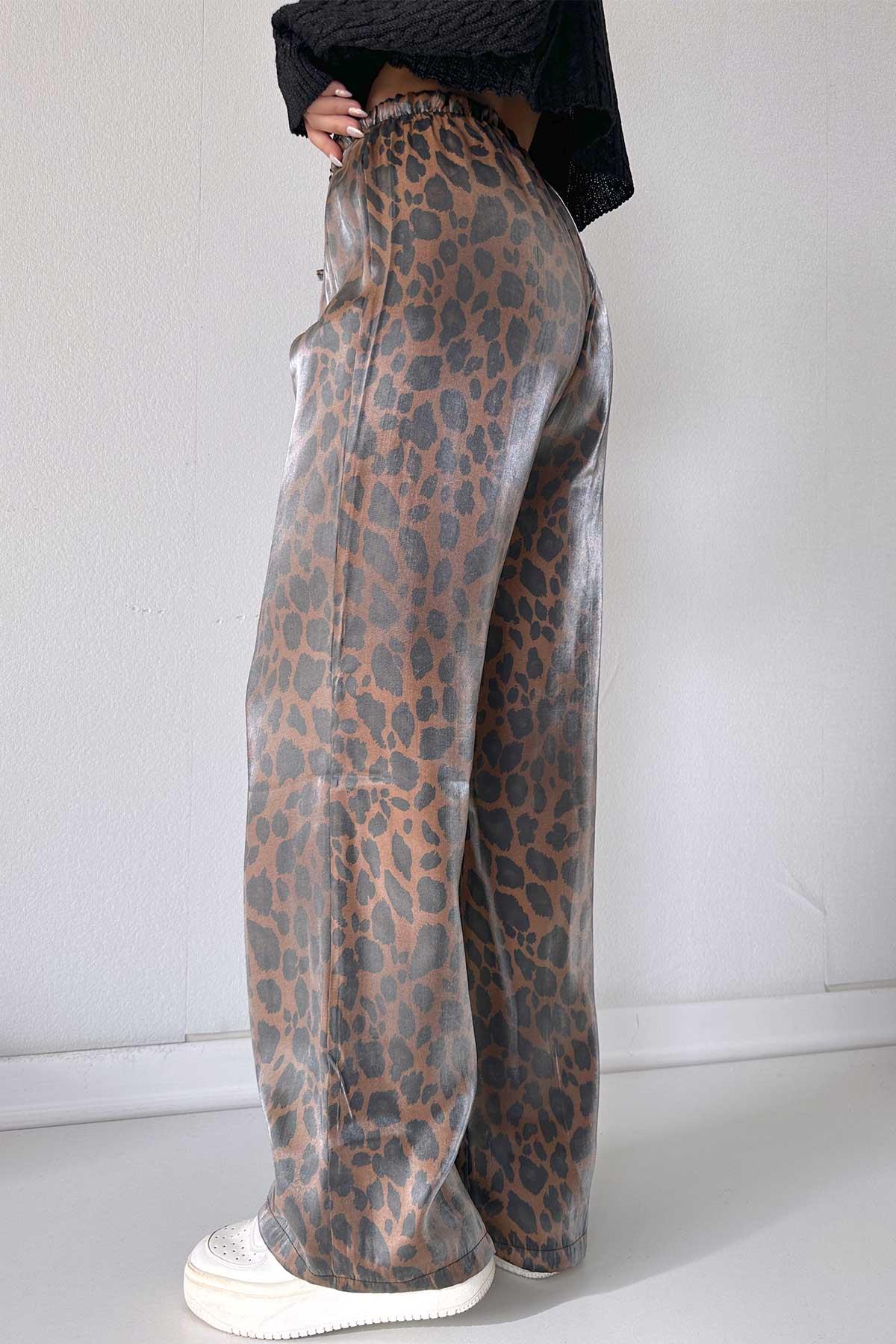 Beli Lastikli İp Detay Bol Paça Pantalon - Leopar