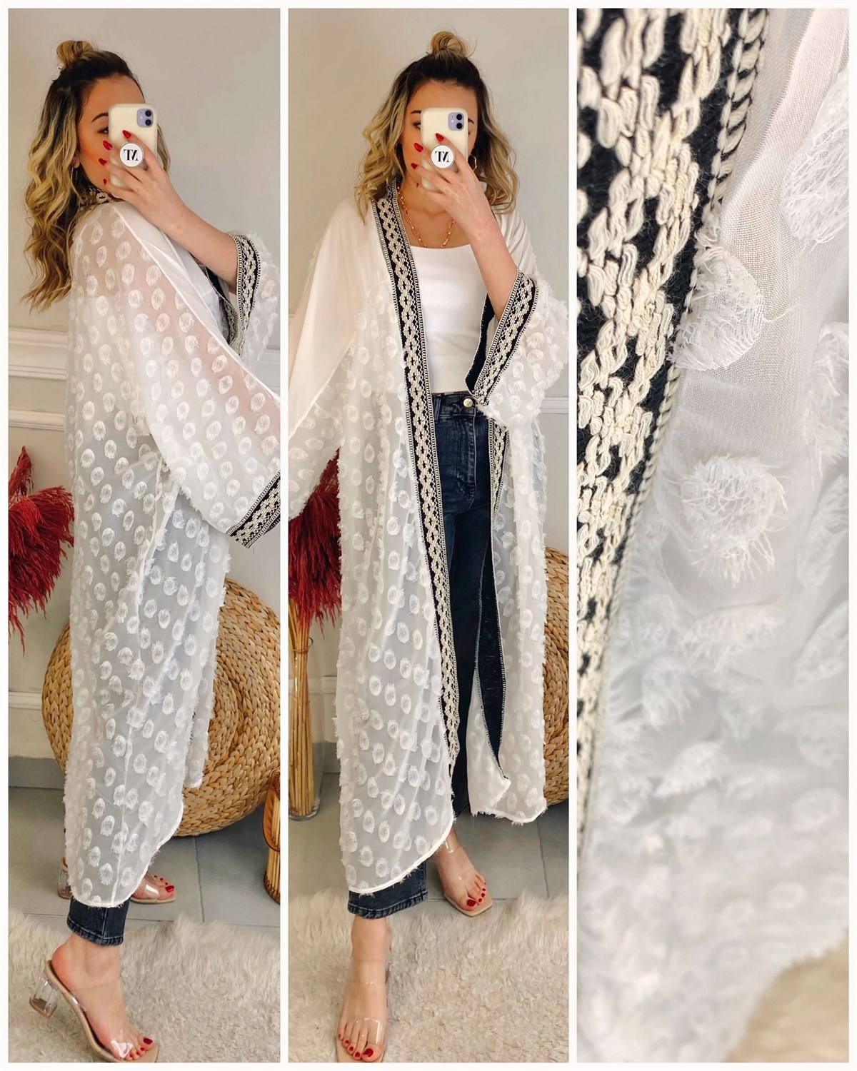 Beyaz Etek Ucu Siyah Nakış Detay Çiçek Motifli Kimono Ceket