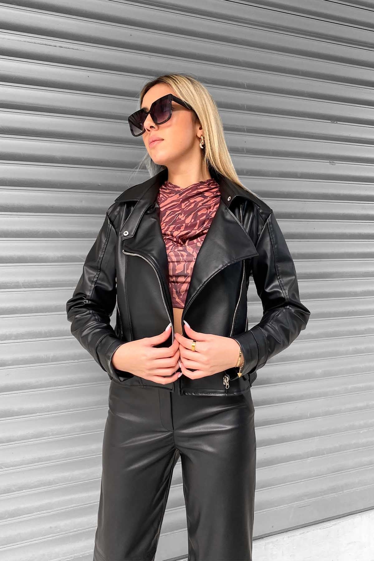 Biker Deri Ceket - Siyah