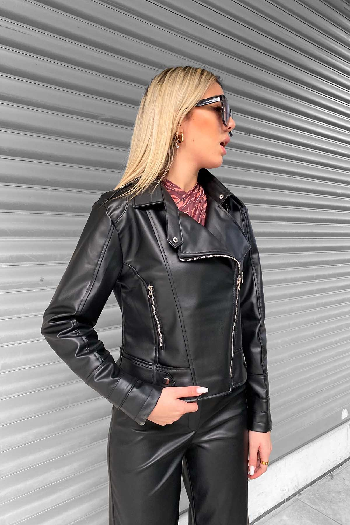 Biker Deri Ceket - Siyah