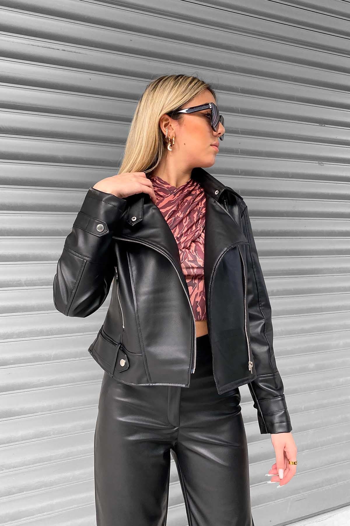 Biker Deri Ceket - Siyah