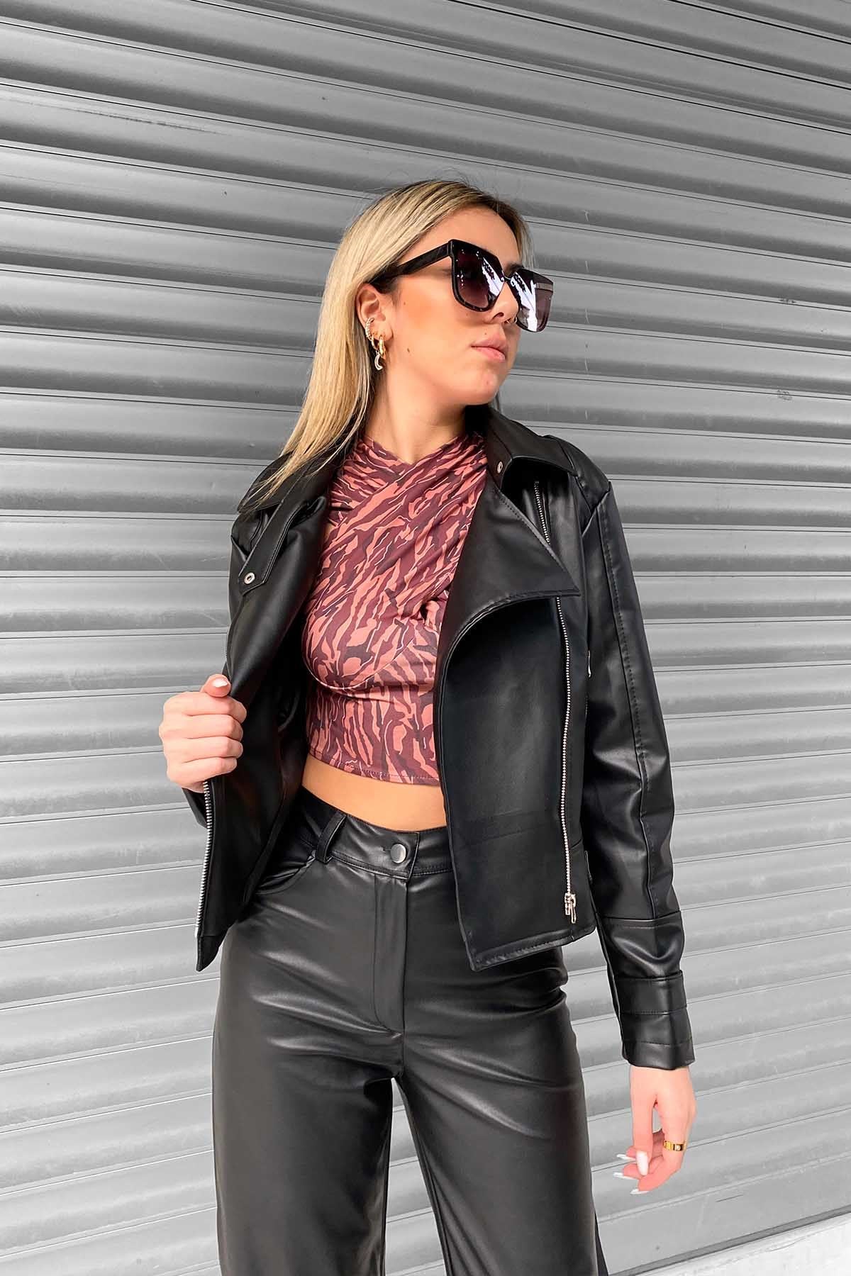 Biker Deri Ceket - Siyah