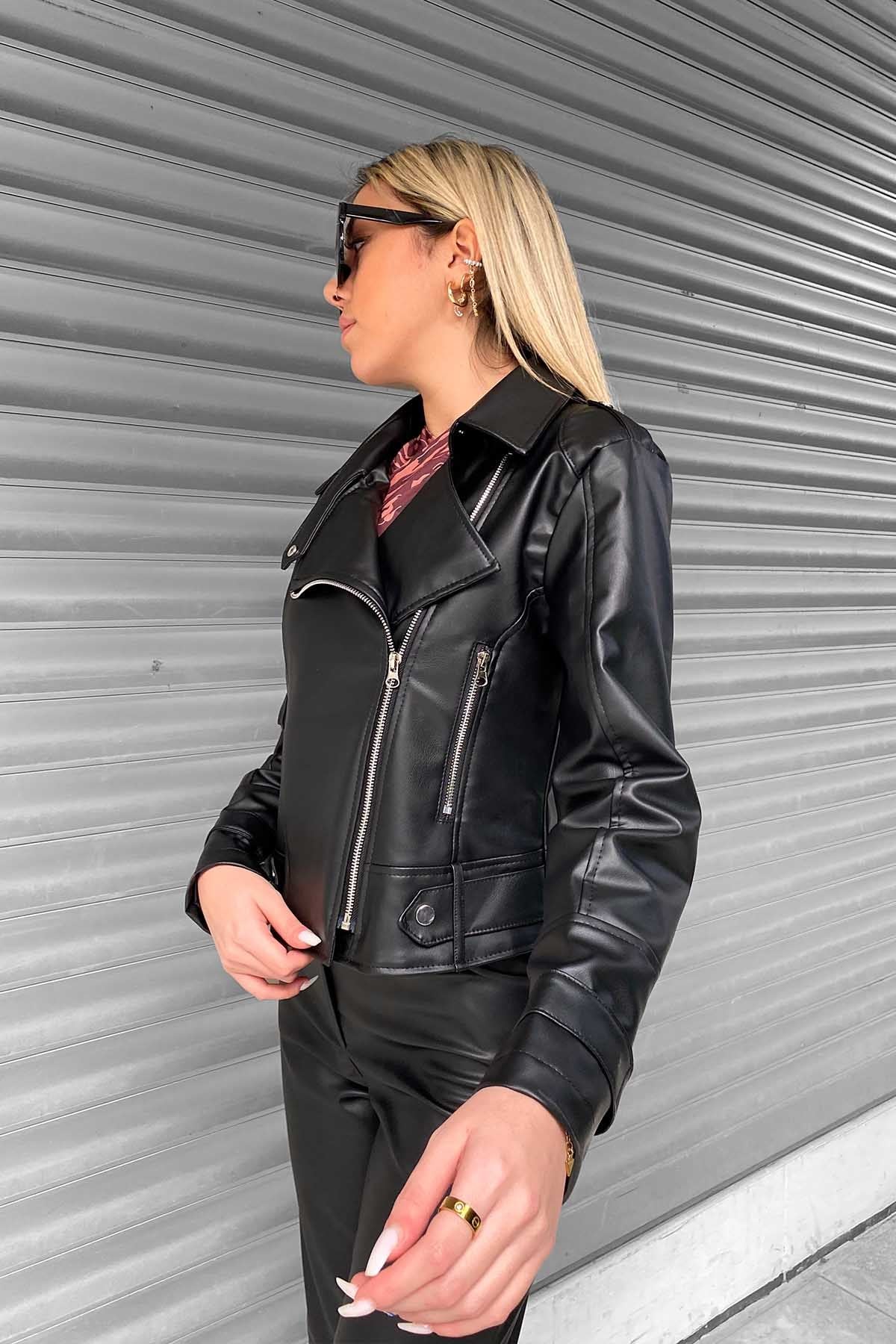 Biker Deri Ceket - Siyah