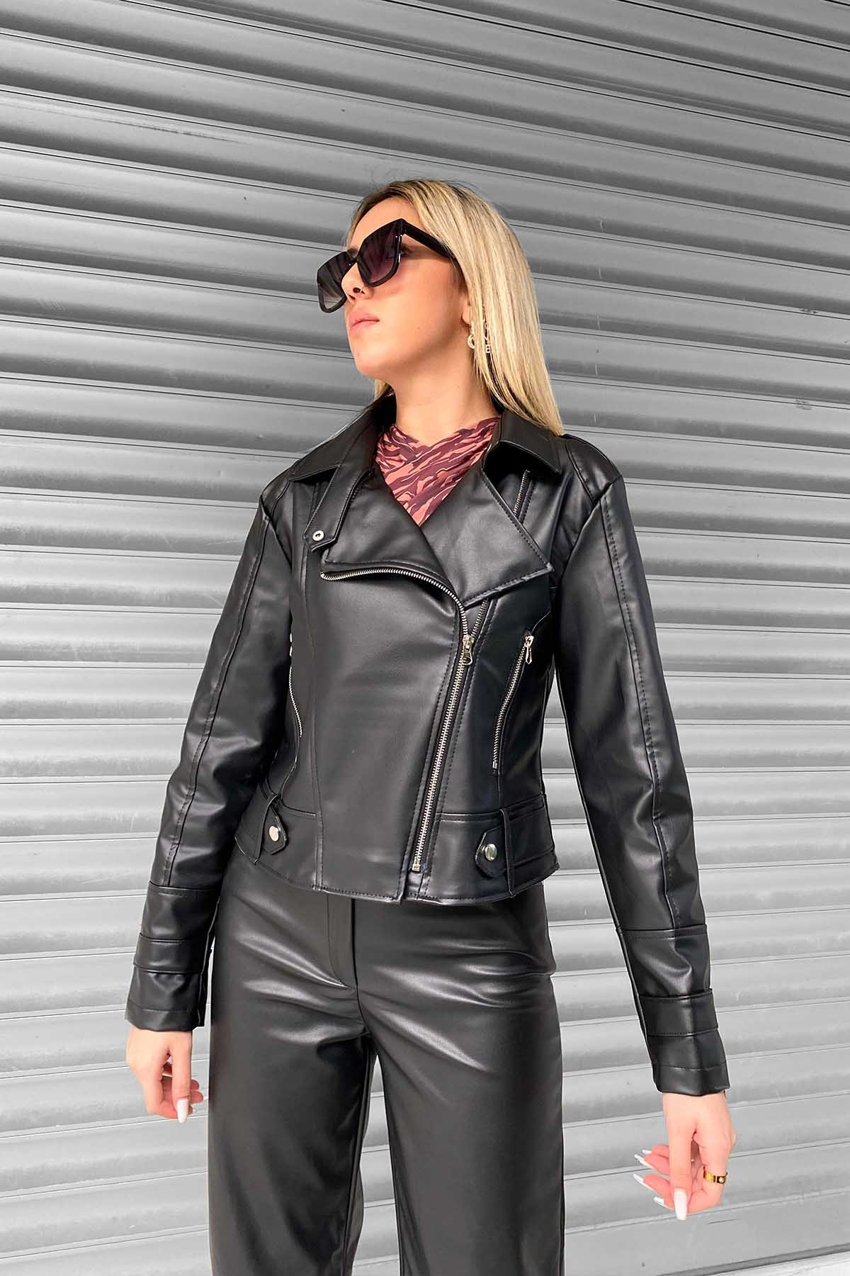 Biker Deri Ceket - Siyah