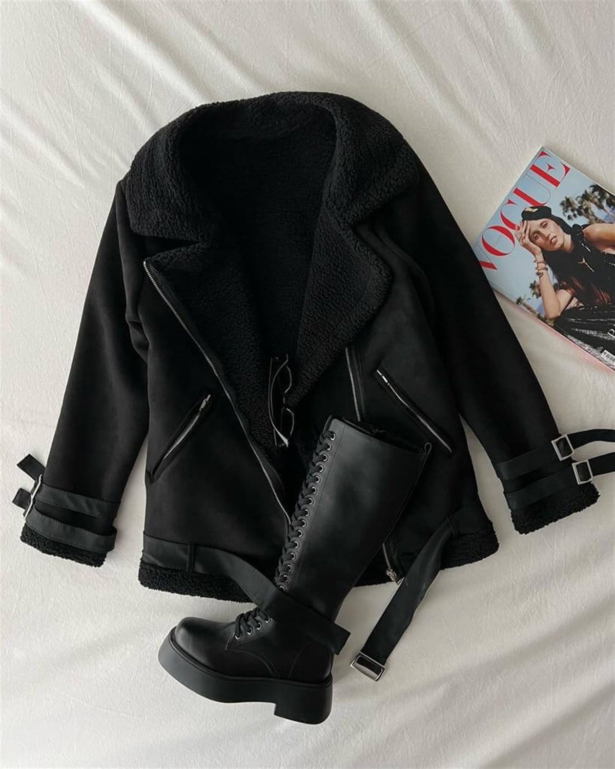 Biker Kürklü Teddy Bej Kaban
