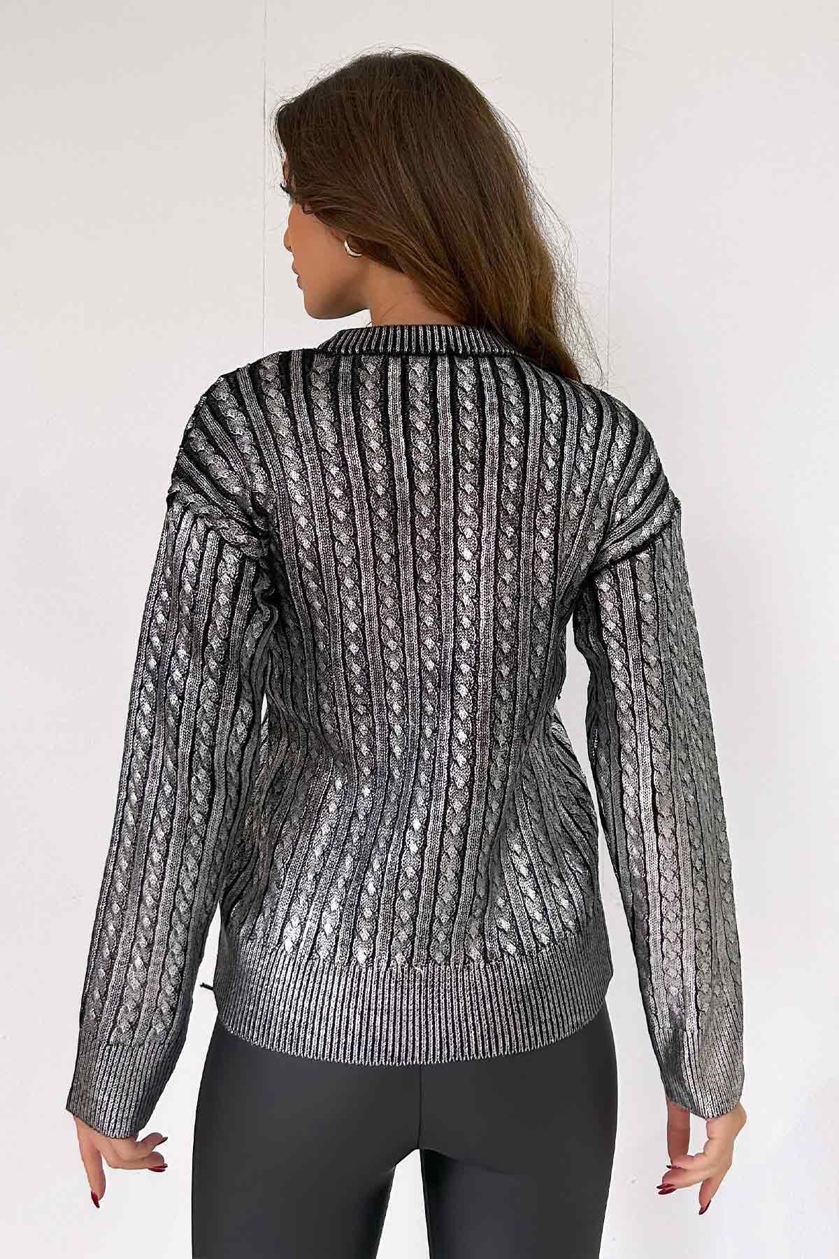 Bisiklet Yaka Baskılı Triko Kazak - Siyah