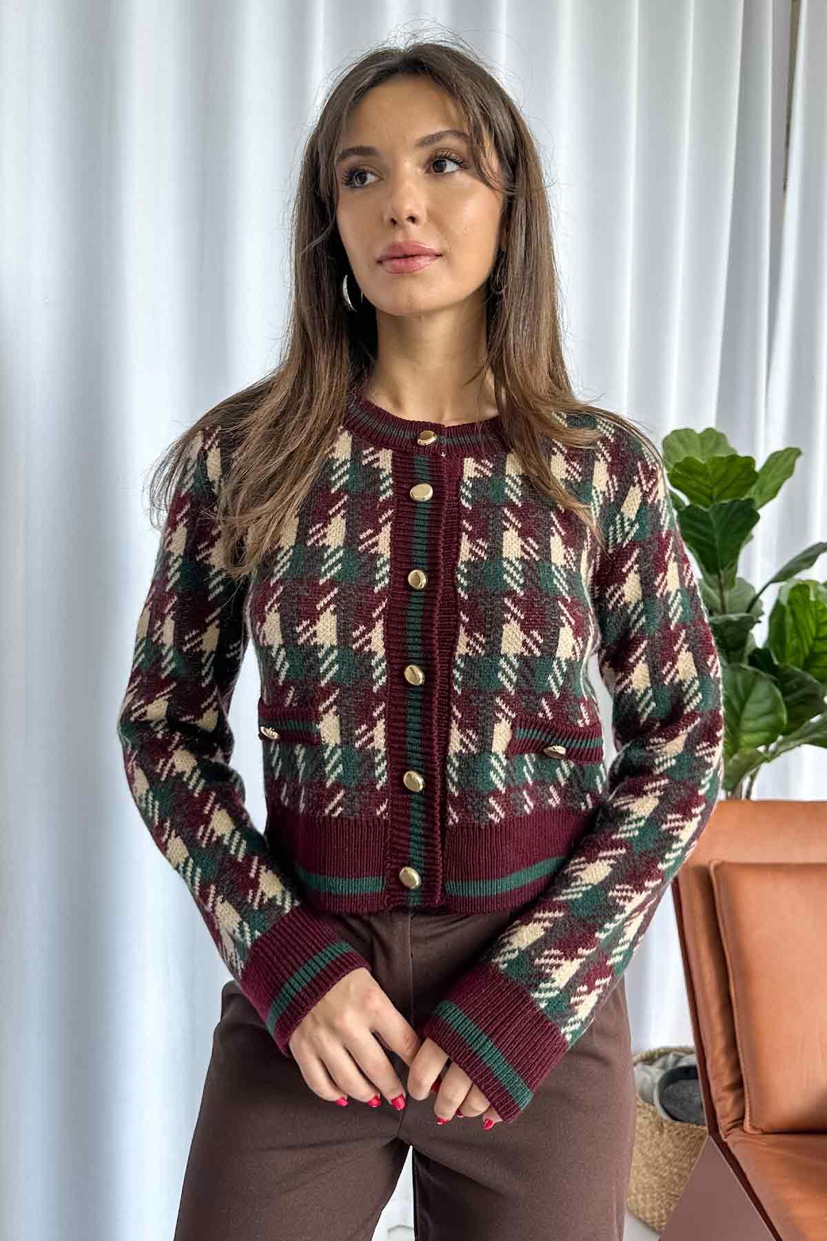 Bisiklet Yaka Düğmeli Ekose Triko Hırka - Bordo