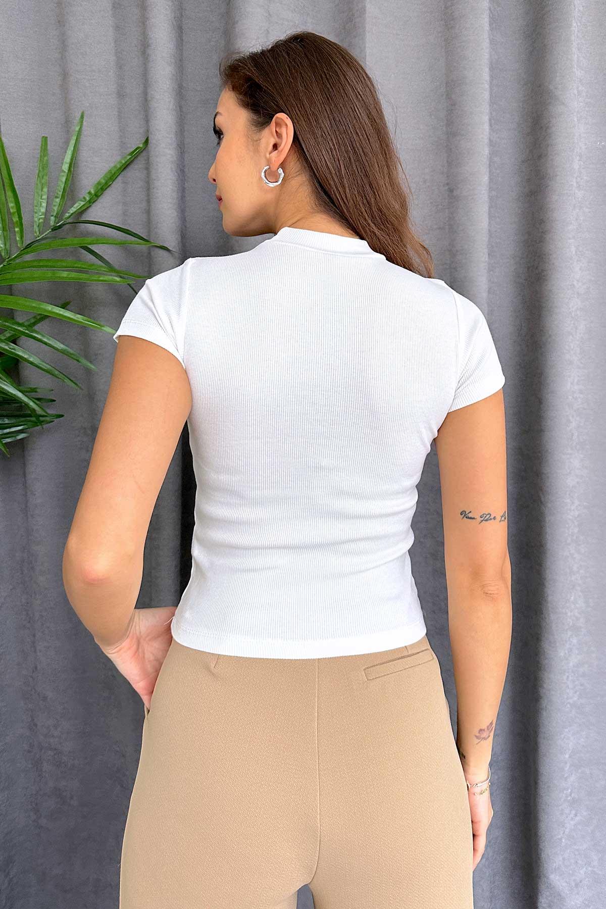 Bisiklet Yaka Kaşkorse Kadın T-shirt - Beyaz
