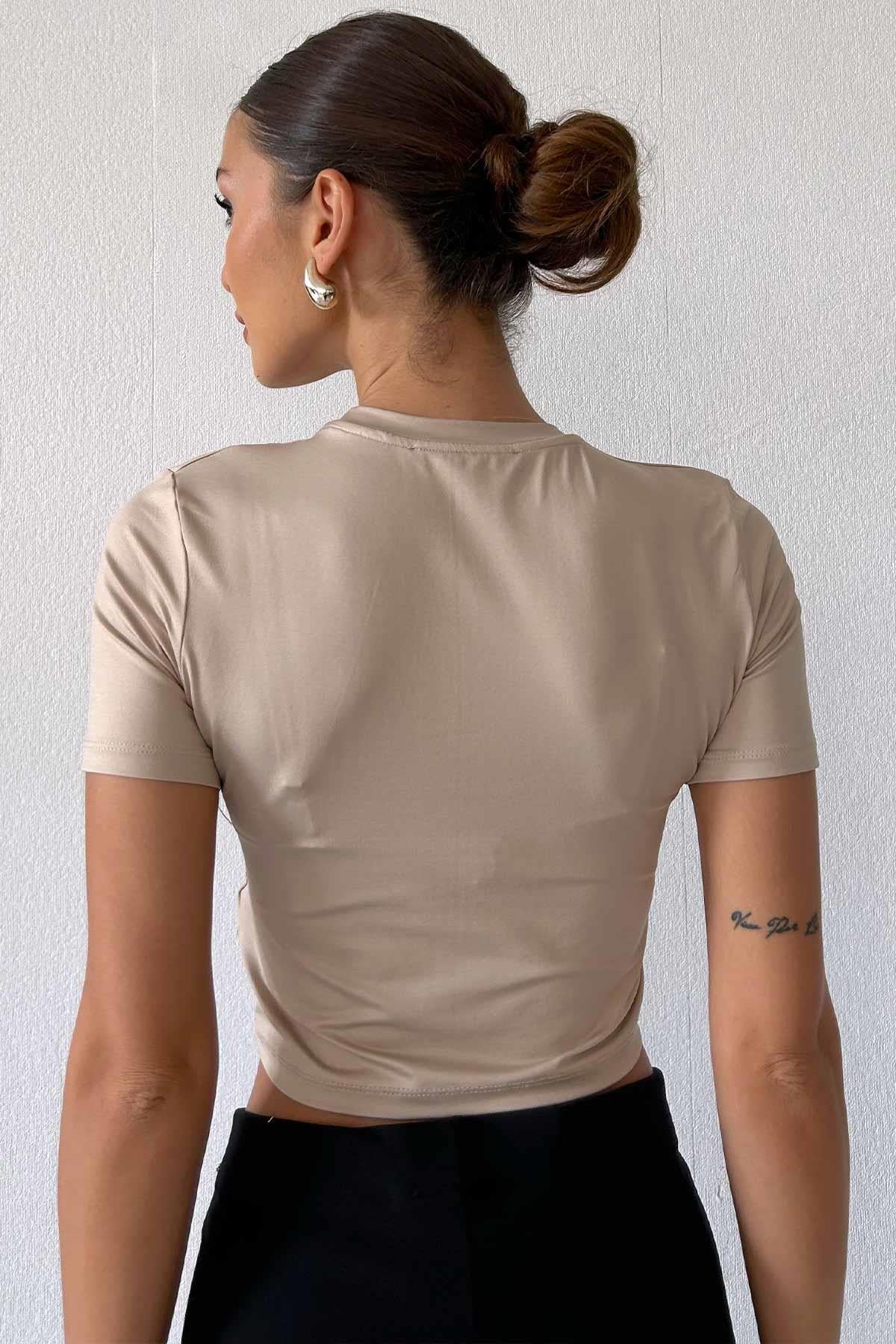 Bisiklet Yaka Kısa Kadın T-shirt - Bej
