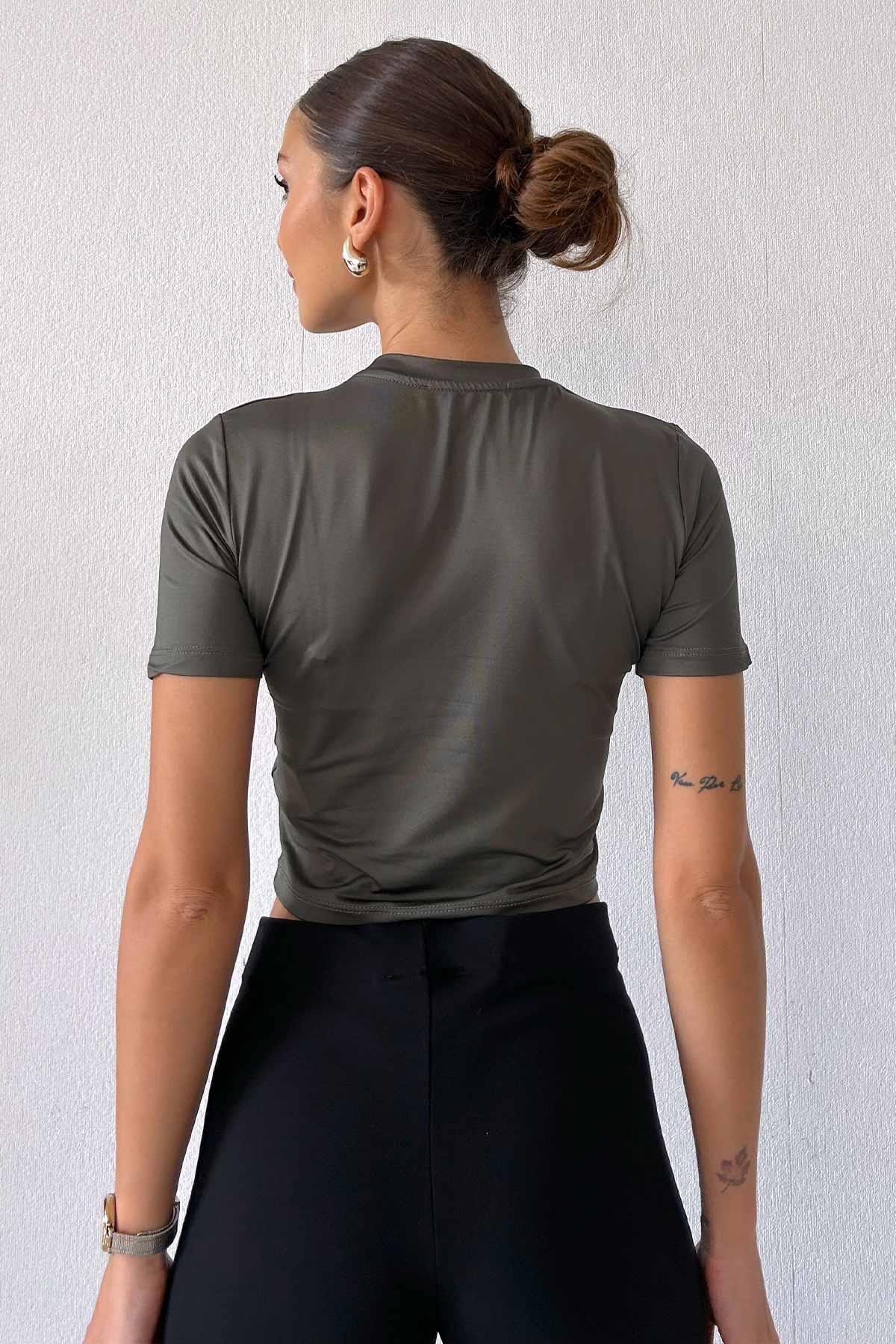 Bisiklet Yaka Kısa Kadın T-shirt - Haki