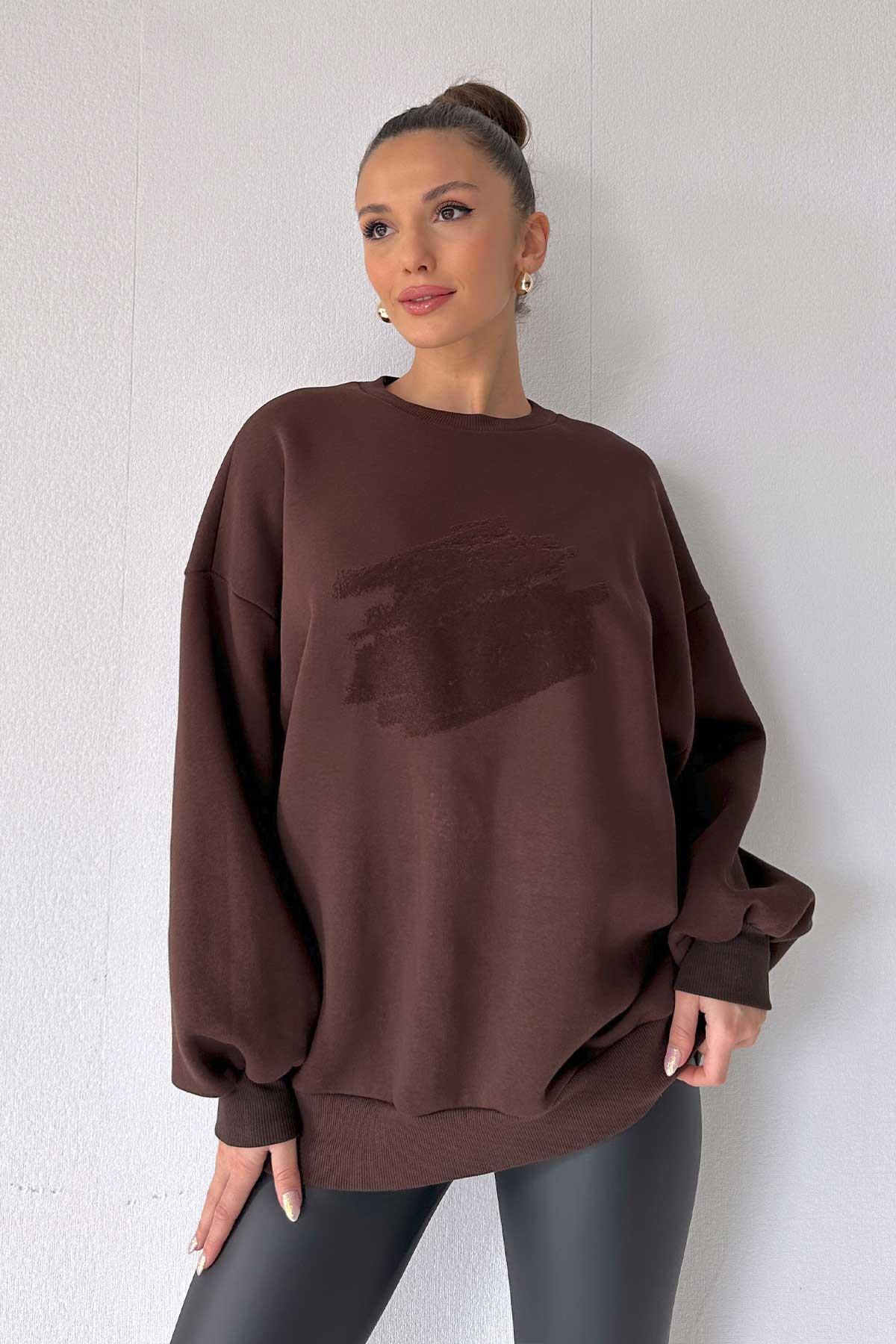 Bisiklet Yaka Önü Baskılı Sweatshirt - Kahverengi