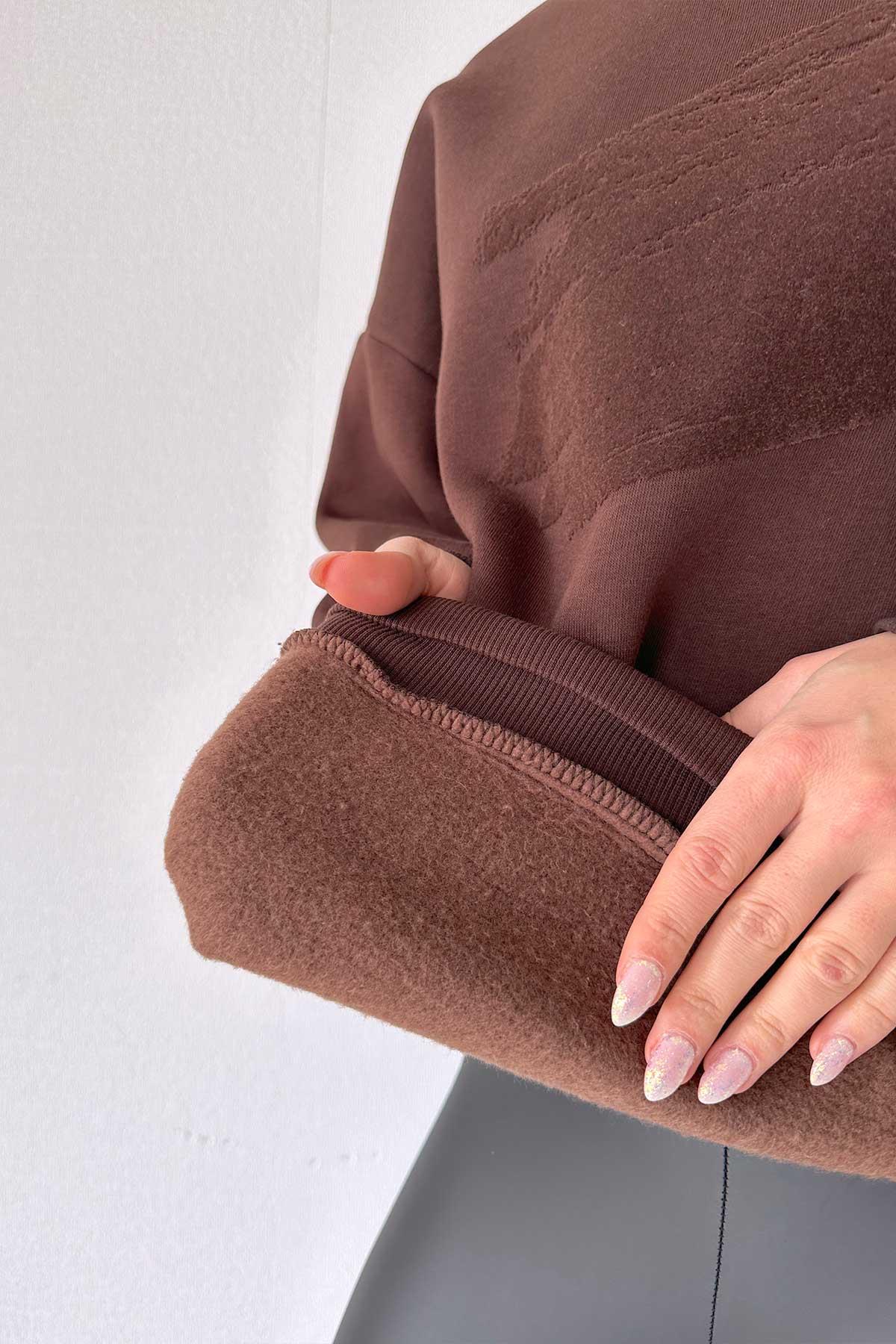 Bisiklet Yaka Önü Baskılı Sweatshirt - Kahverengi