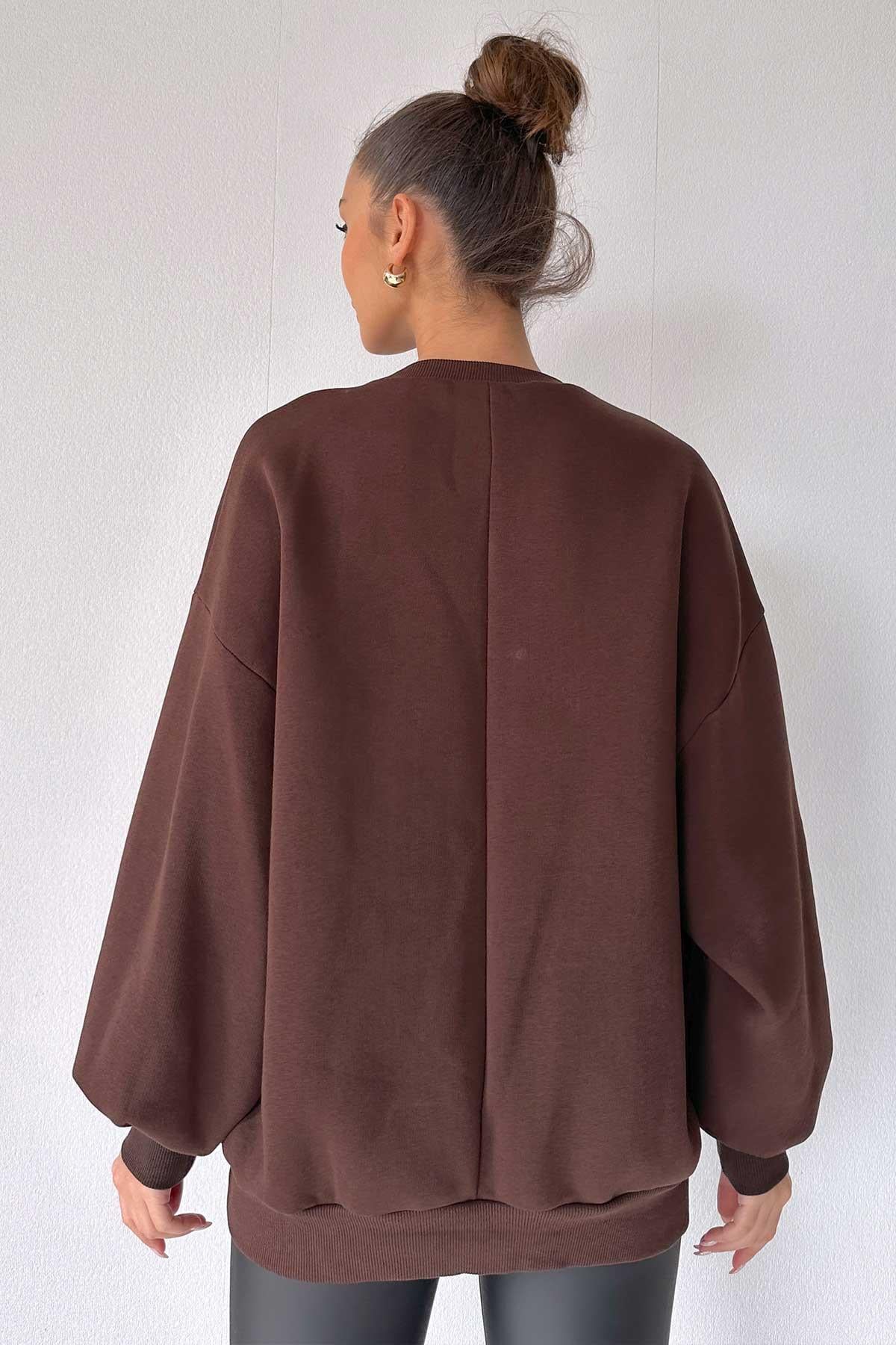 Bisiklet Yaka Önü Baskılı Sweatshirt - Kahverengi