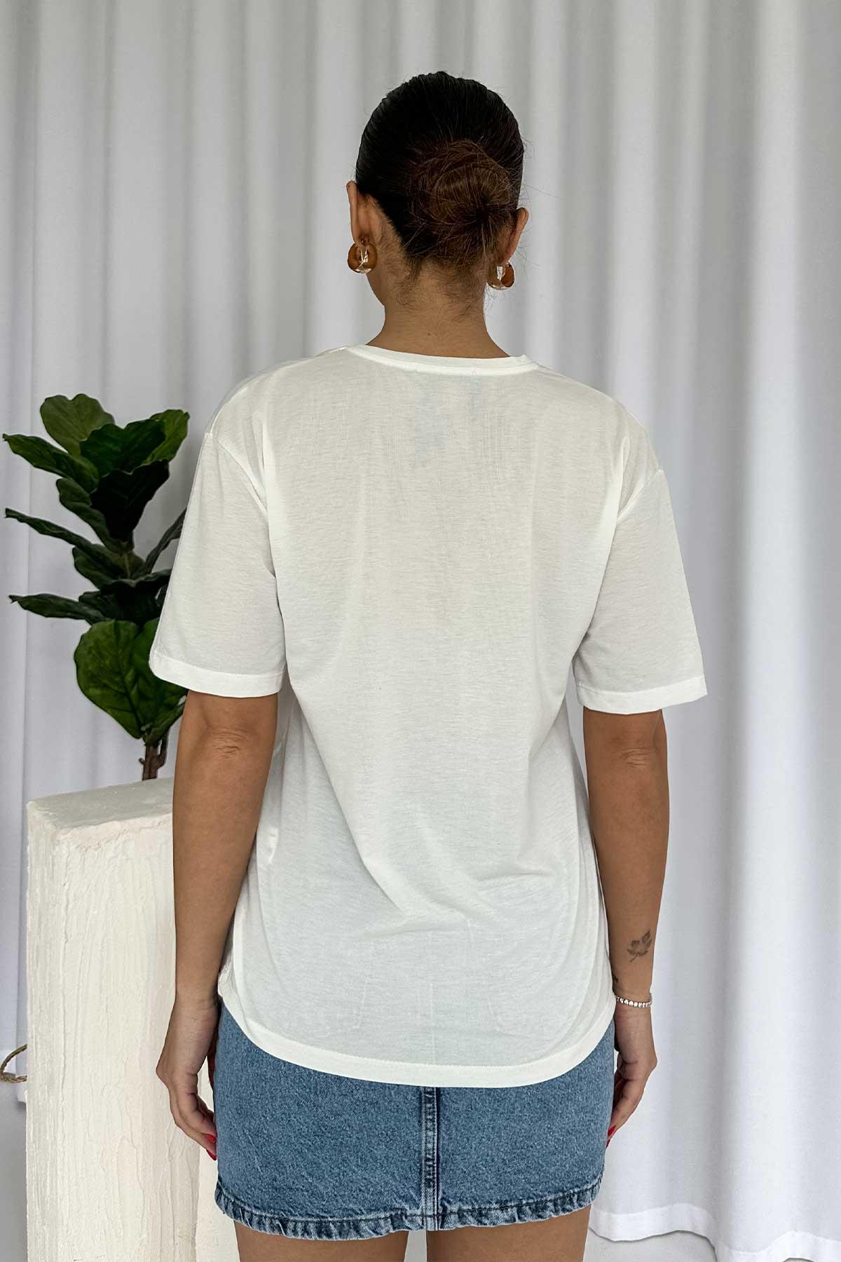 Bisiklet Yaka Pamuklu Kumaş Ayıcık Baskılı T-Shirt - Ekru