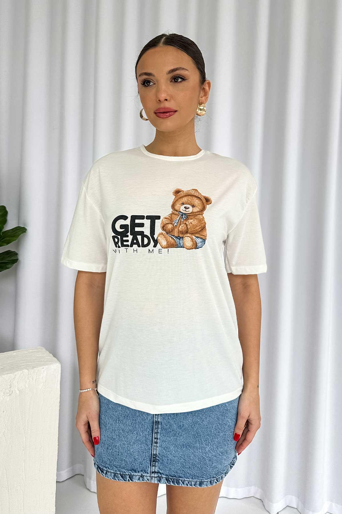 Bisiklet Yaka Pamuklu Kumaş Ayıcık Baskılı T-Shirt - Ekru