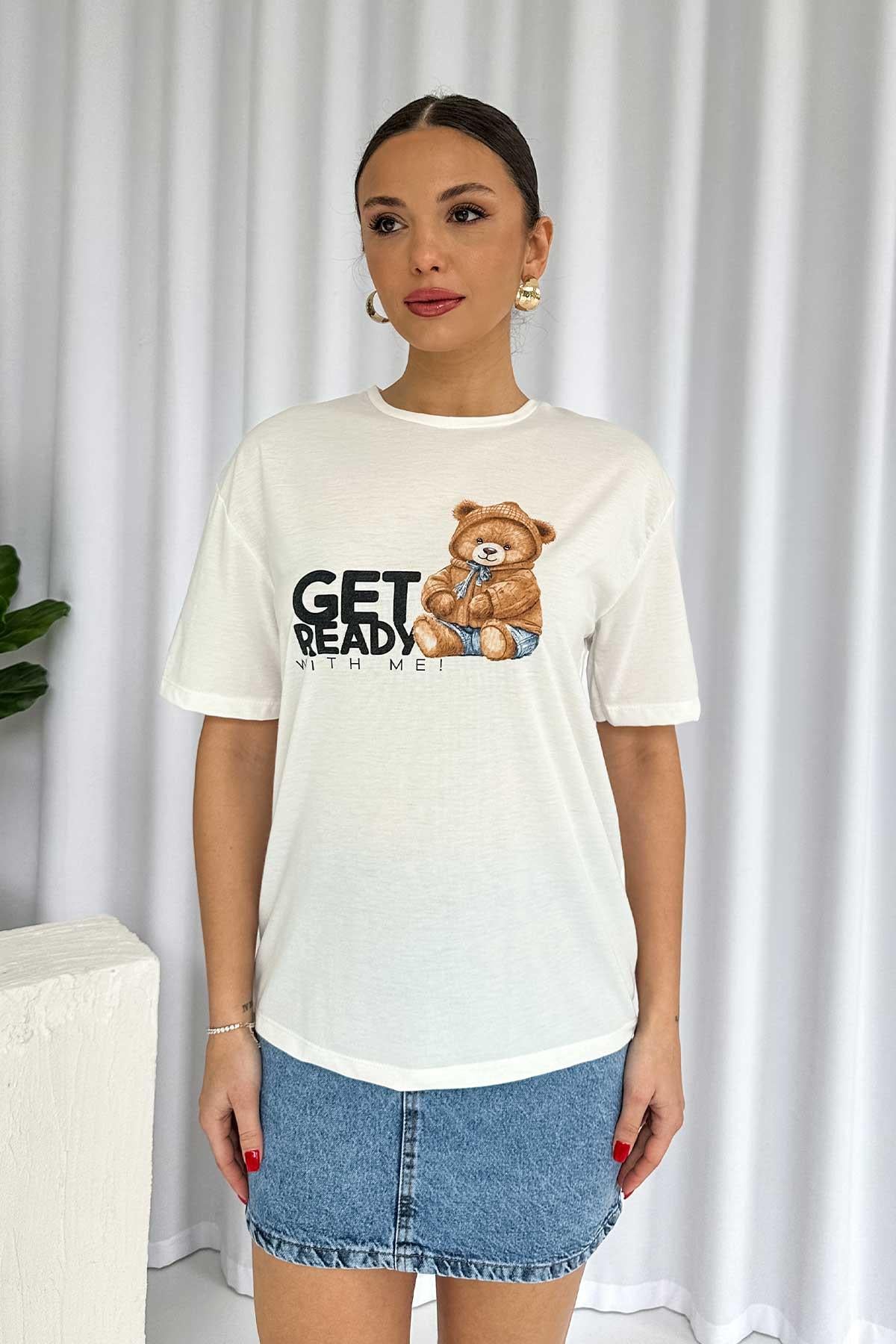 Bisiklet Yaka Pamuklu Kumaş Ayıcık Baskılı T-Shirt - Ekru
