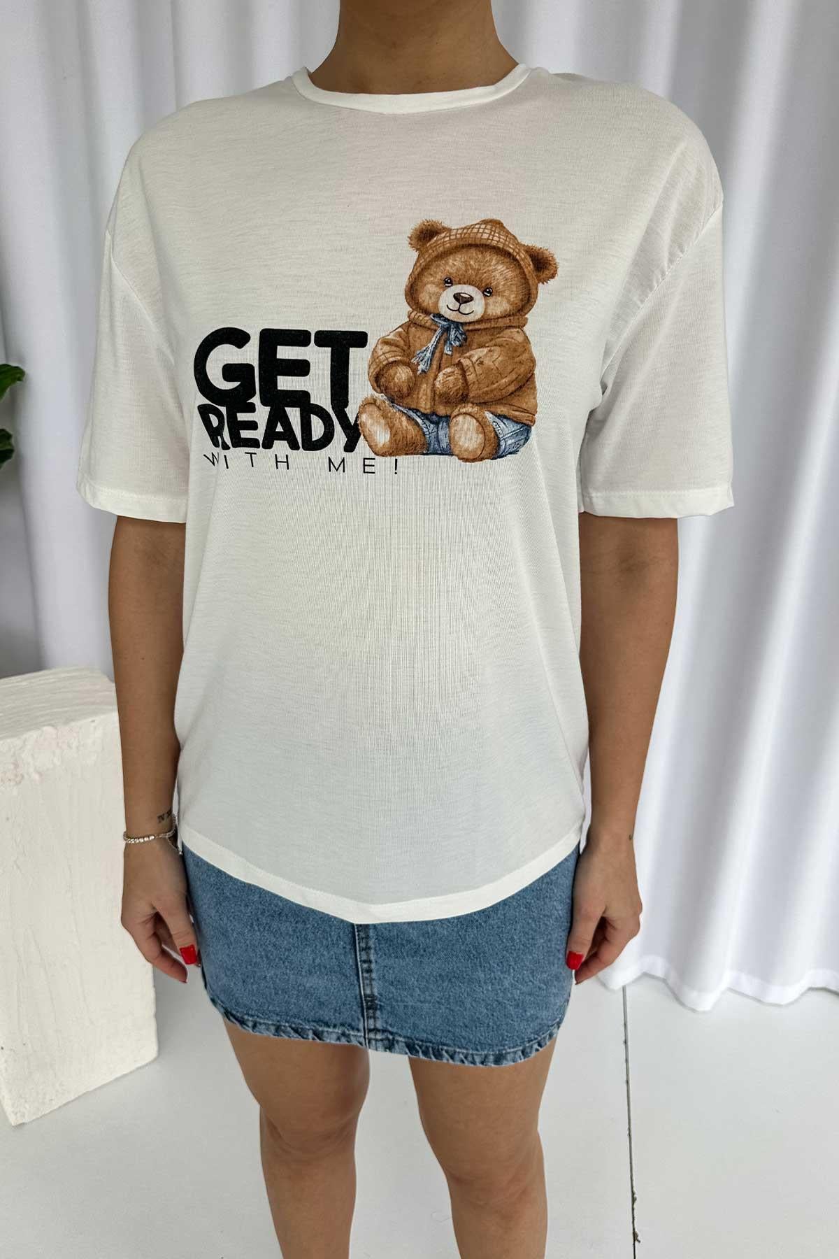 Bisiklet Yaka Pamuklu Kumaş Ayıcık Baskılı T-Shirt - Ekru
