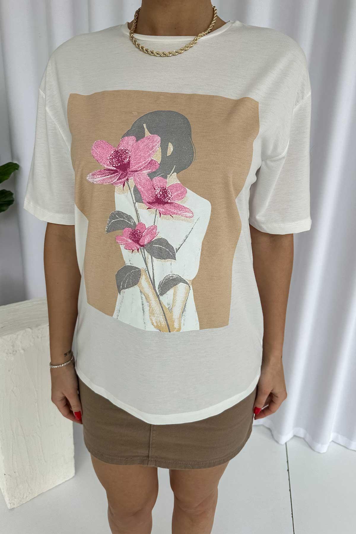 Bisiklet Yaka Pamuklu Kumaş Çiçek Detay T-Shirt - Ekru