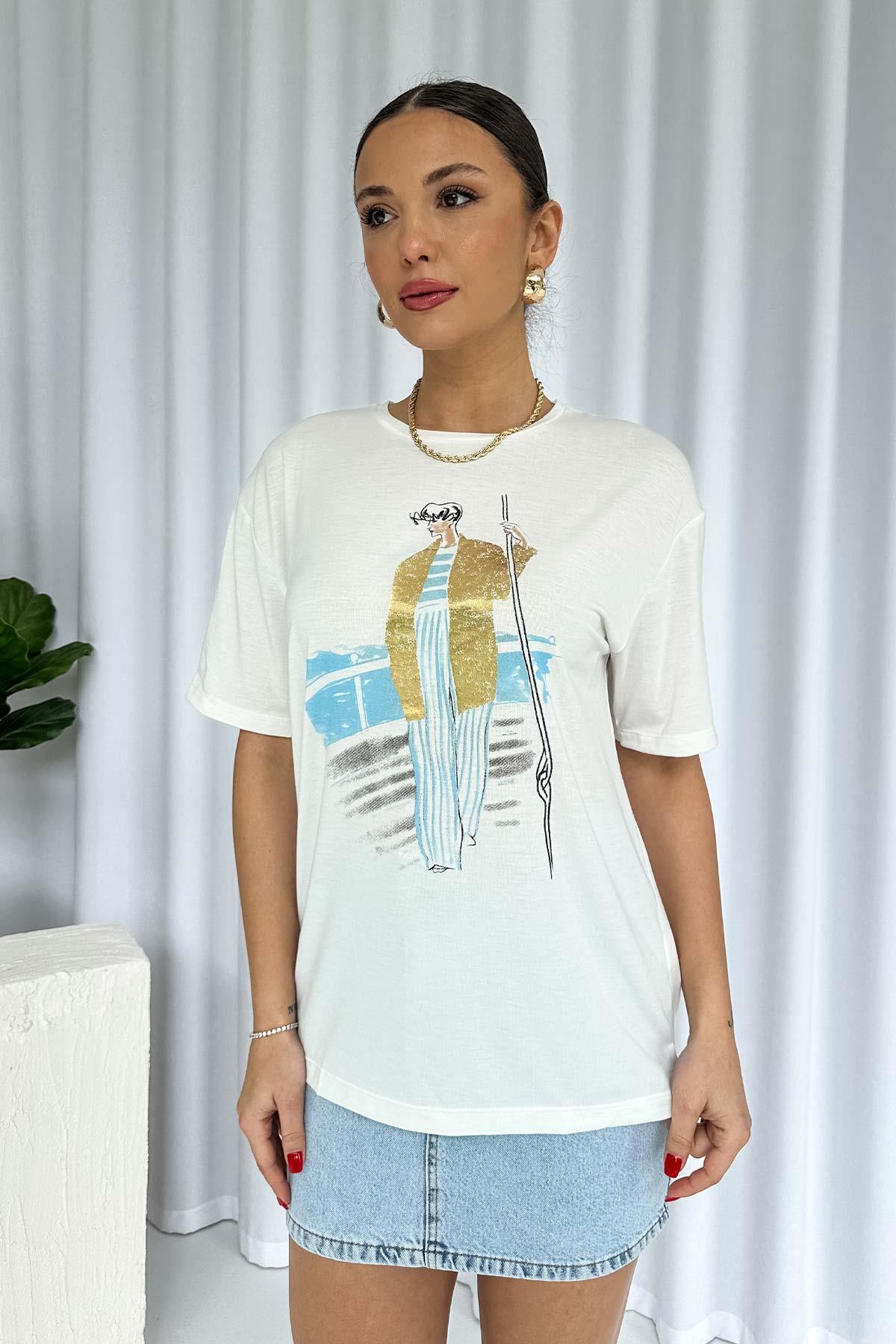 Bisiklet Yaka Pamuklu Kumaş Gold Mavi Baskılı T-Shirt - Ekru