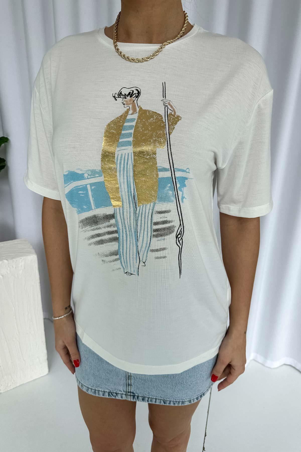 Bisiklet Yaka Pamuklu Kumaş Gold Mavi Baskılı T-Shirt - Ekru