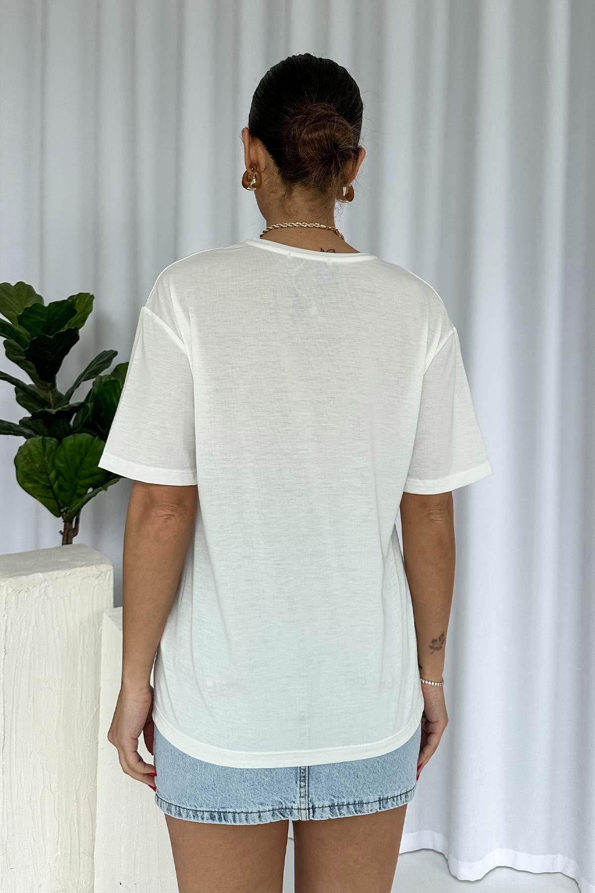 Bisiklet Yaka Pamuklu Kumaş Gold Mavi Baskılı T-Shirt - Ekru