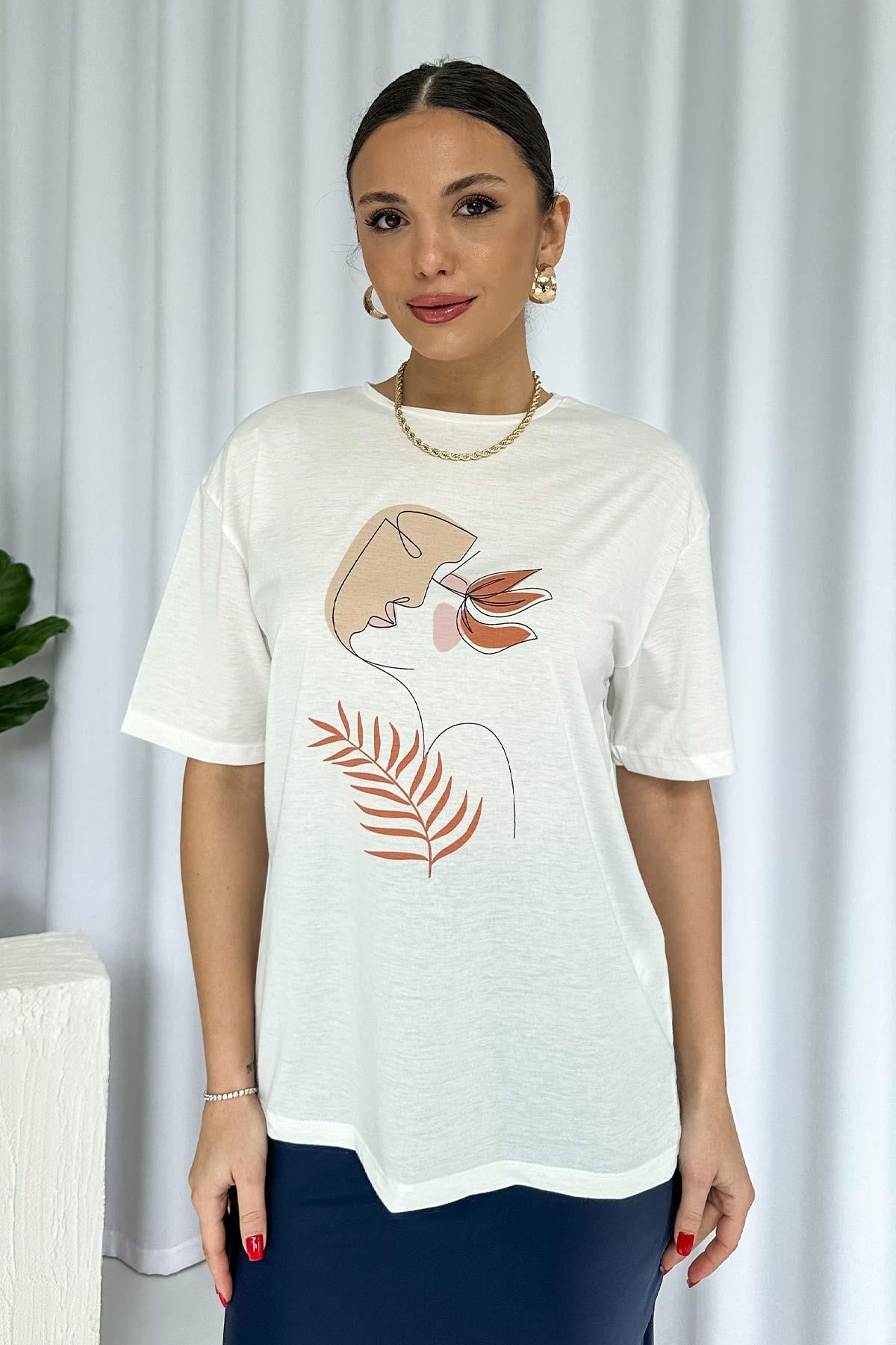 Bisiklet Yaka Pamuklu Kumaş Silüet Detay T-Shirt - Ekru