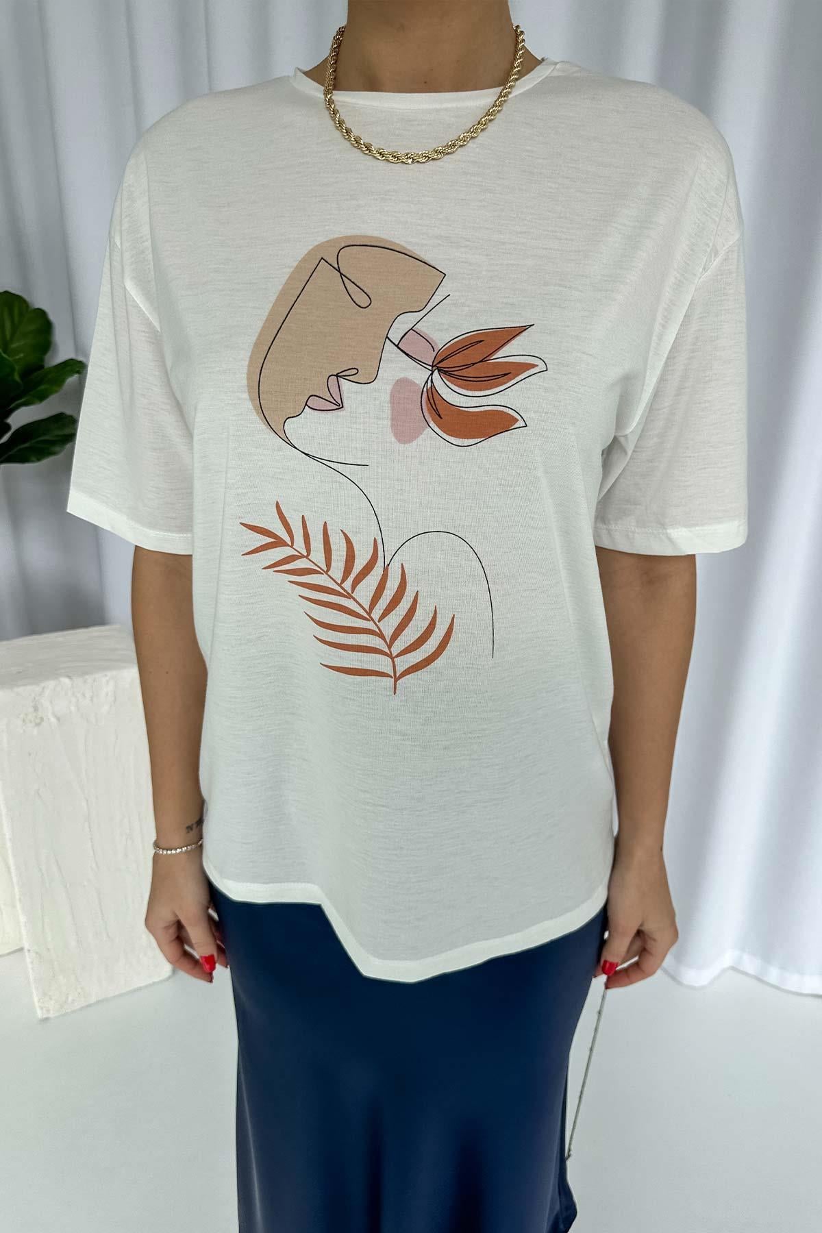 Bisiklet Yaka Pamuklu Kumaş Silüet Detay T-Shirt - Ekru