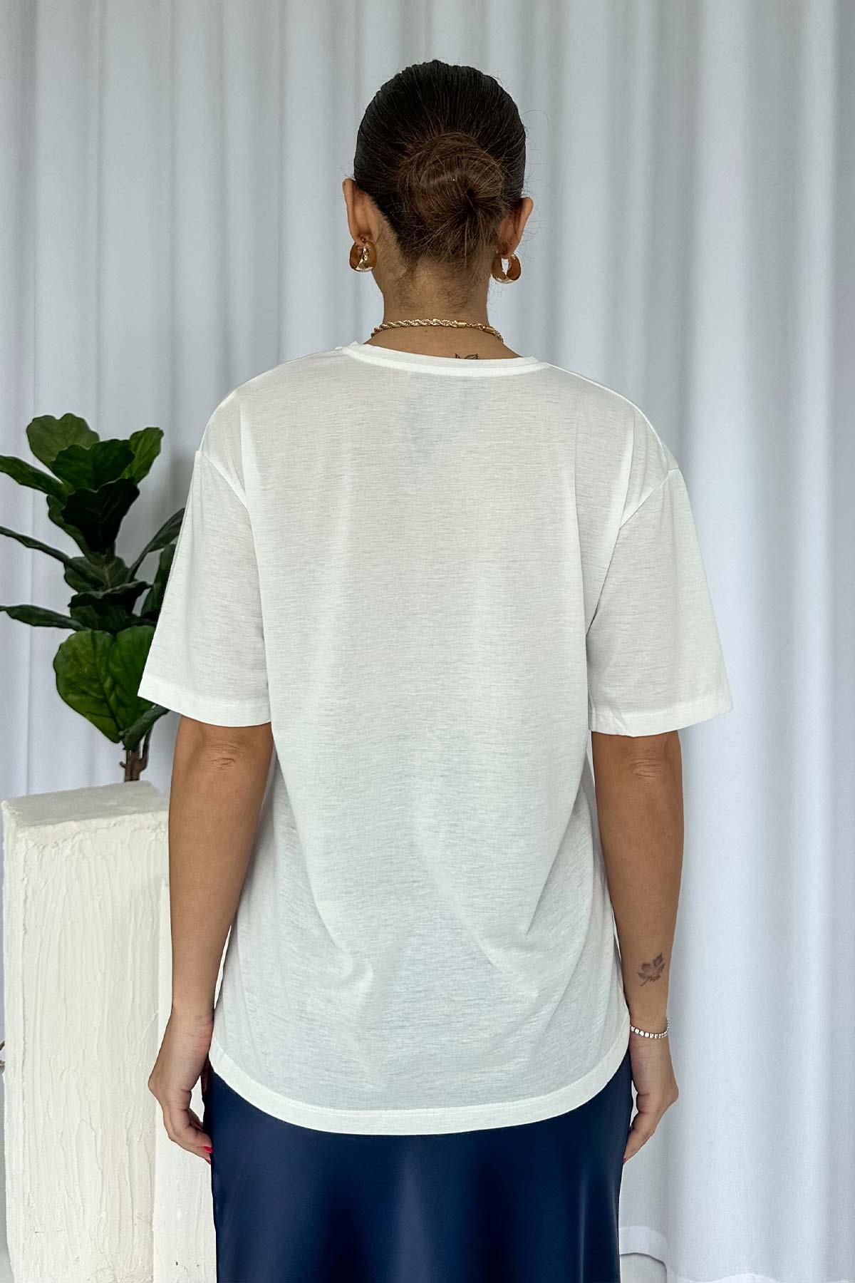 Bisiklet Yaka Pamuklu Kumaş Silüet Detay T-Shirt - Ekru
