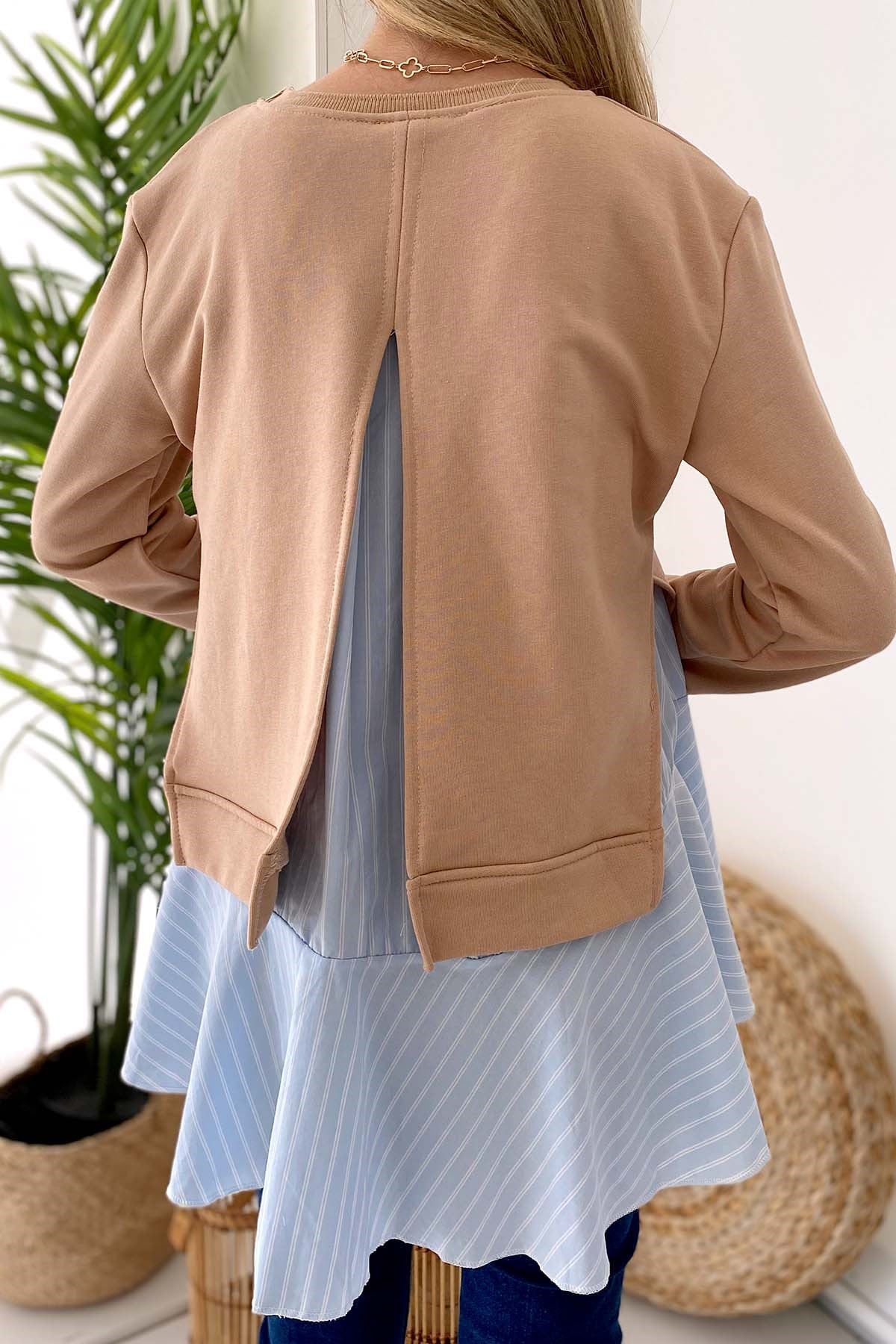 Bisiklet Yaka Poplin Kumaş Gömlek Detaylı Sweatshirt  - Vizon