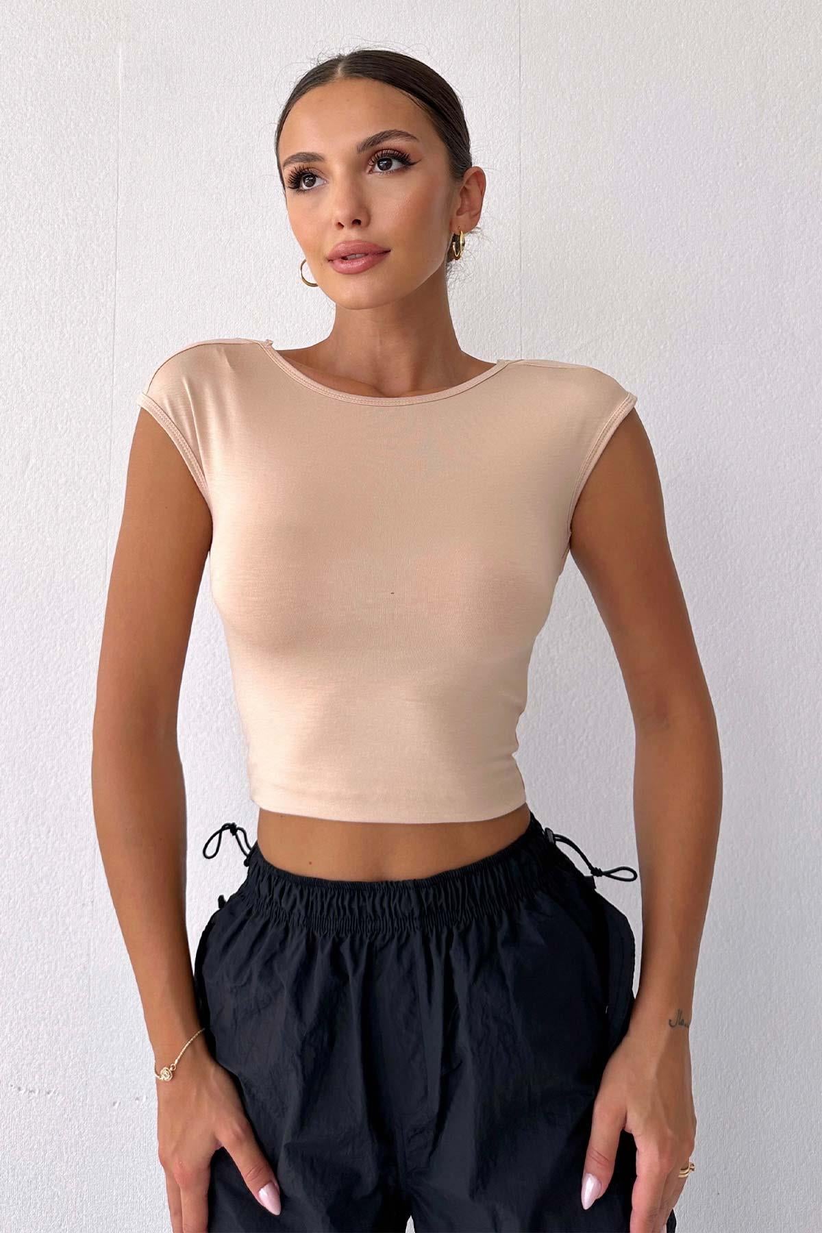 Bisiklet Yaka Sırt Dekolteli Kadın Crop - Bej