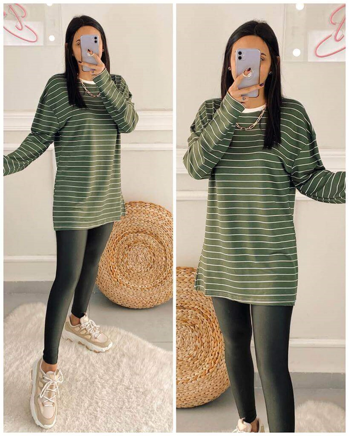 Biyeli Yaka Çizgili Kadın Sweatshirt