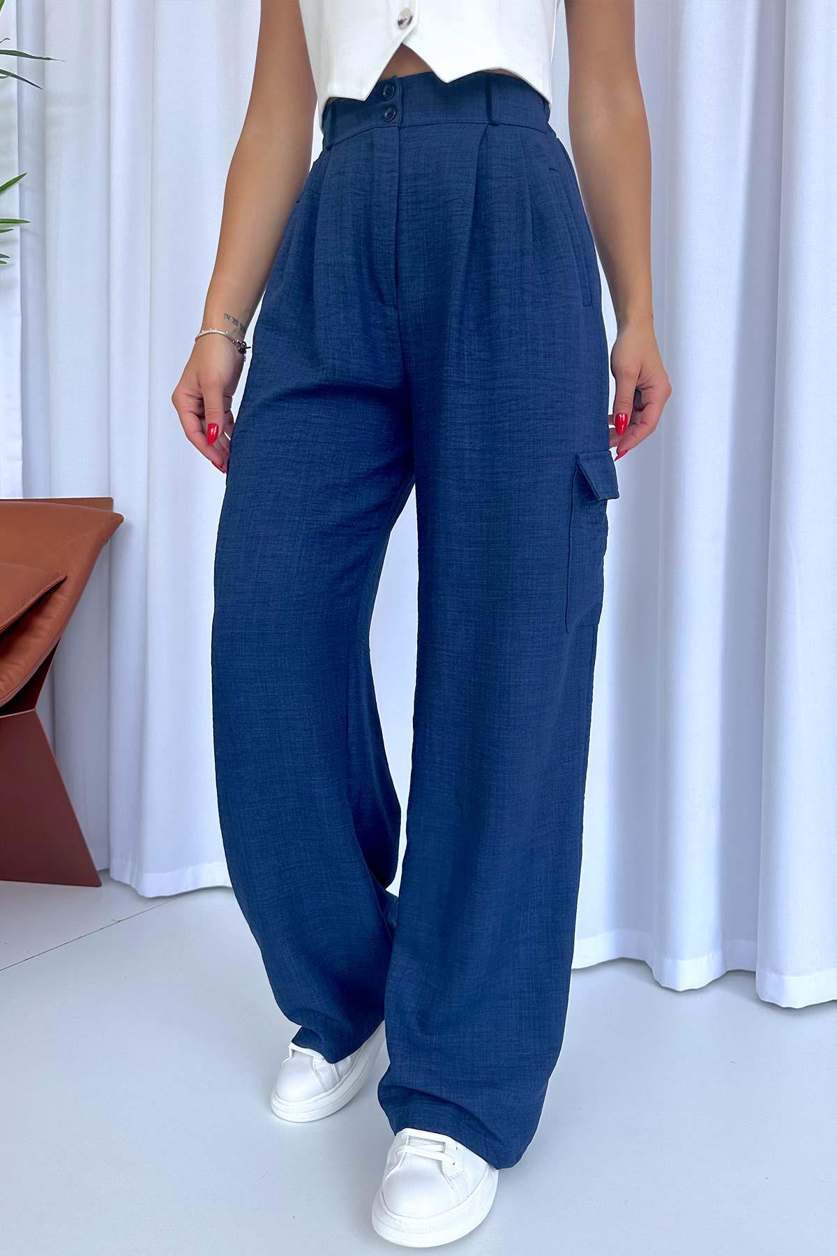 Bol Paça Keten Kumaş Kargo Cep Kadın Pantolon - Lacivert
