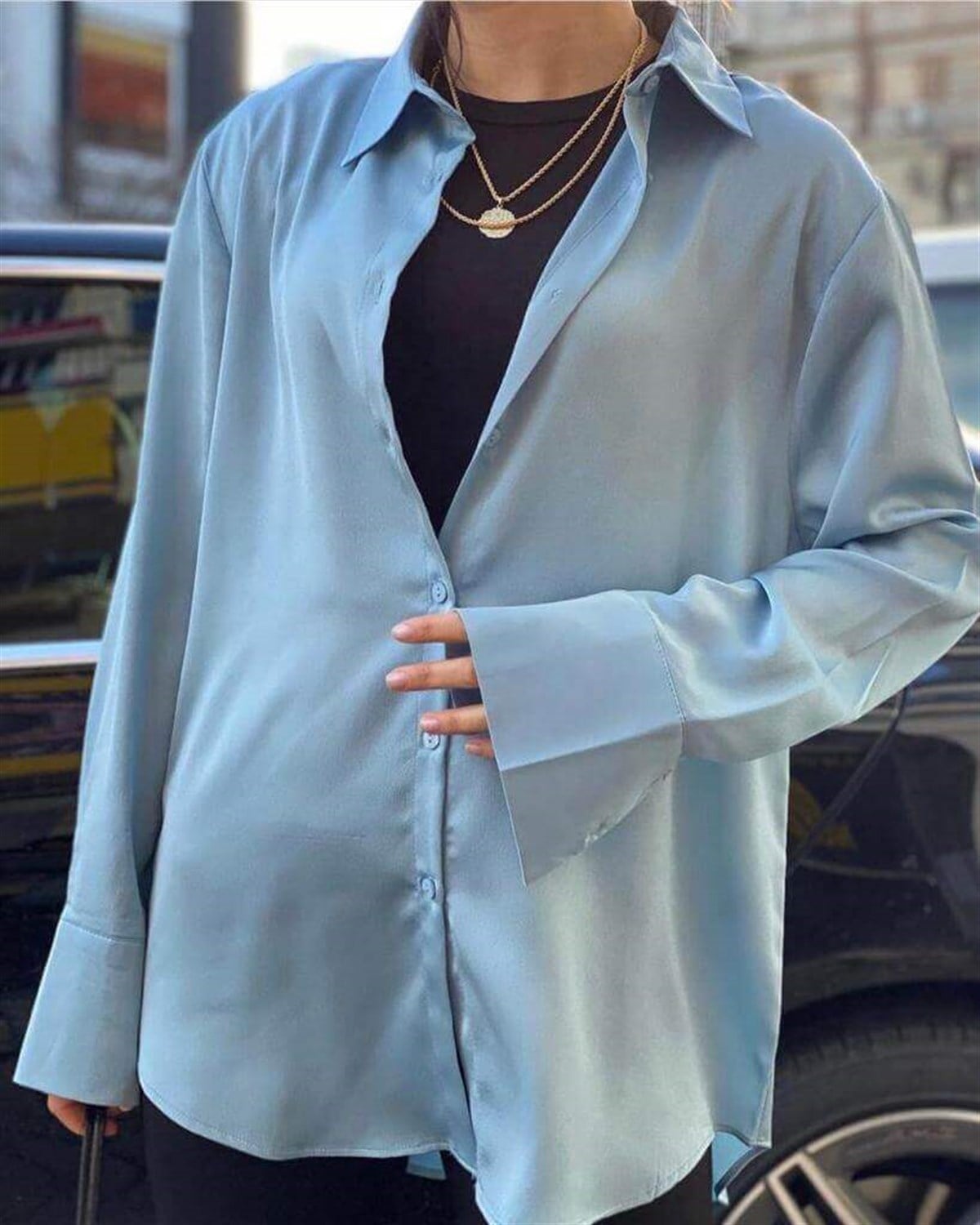 Boyfriend Kalıp Saten Gömlek