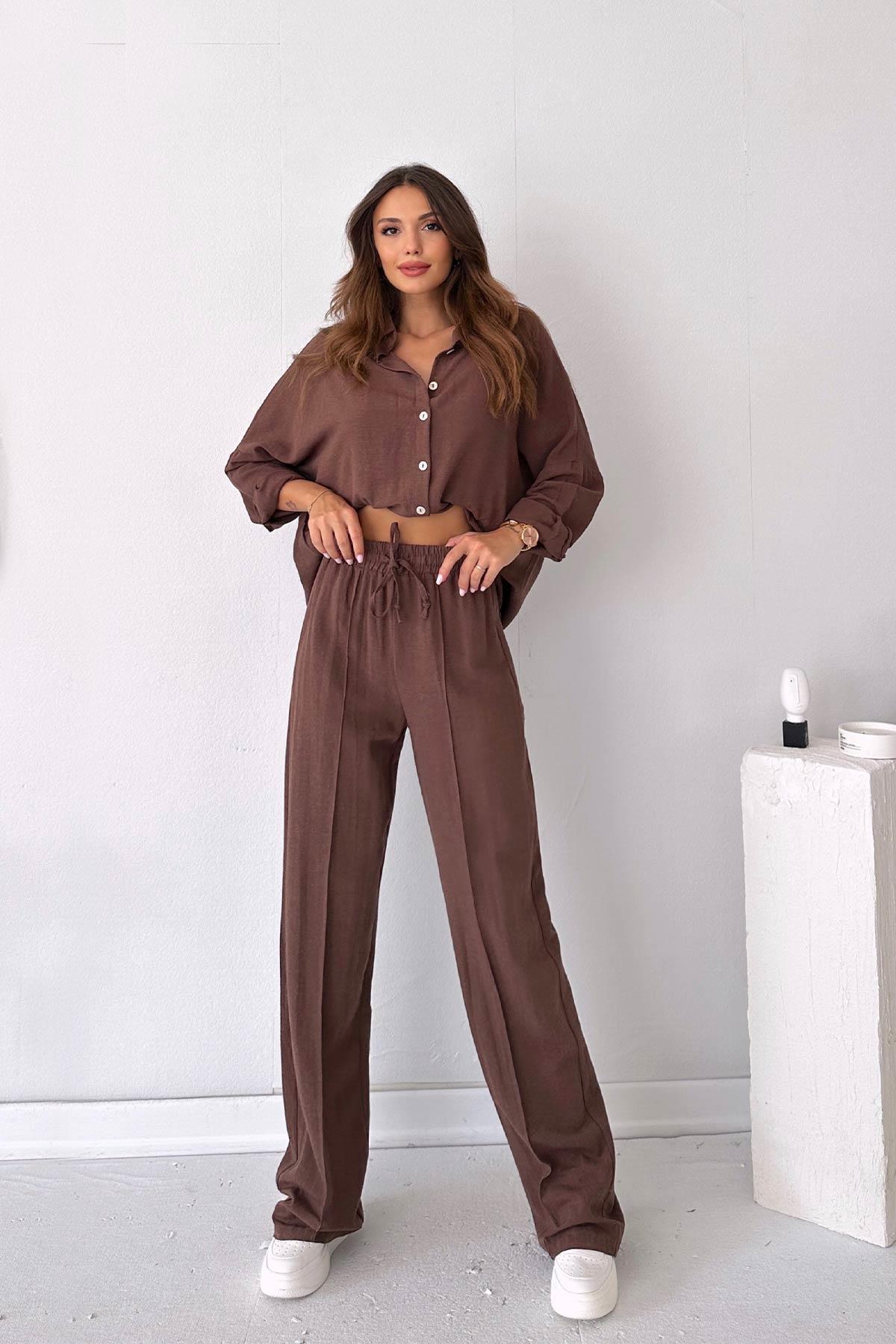 Cepsiz Beli Lastiki Kadın Pantolon - Kahverengi