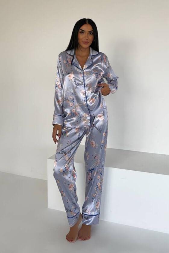 Çiçek Desenli Kadın Gömlek Detaylı Pijama Takımı - Mavi