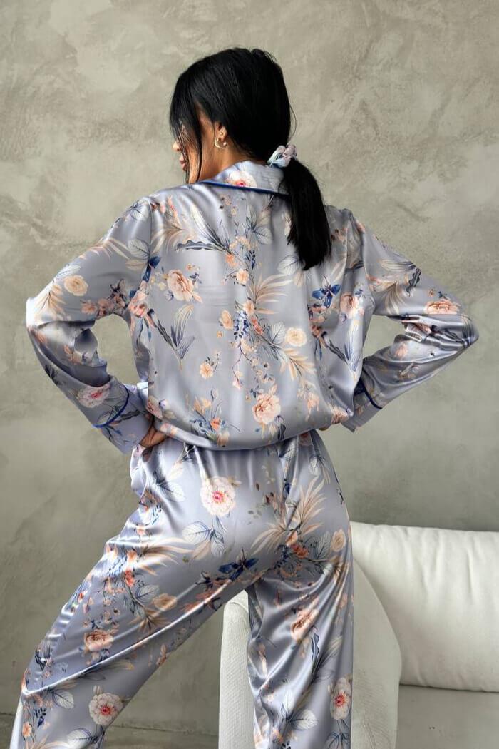 Çiçek Desenli Kadın Gömlek Detaylı Pijama Takımı - Mavi