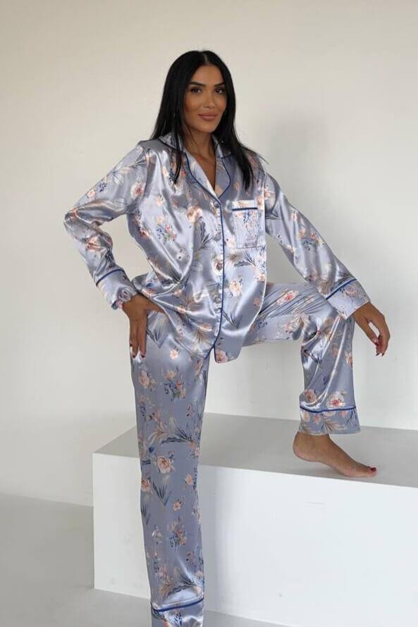 Çiçek Desenli Kadın Gömlek Detaylı Pijama Takımı - Mavi