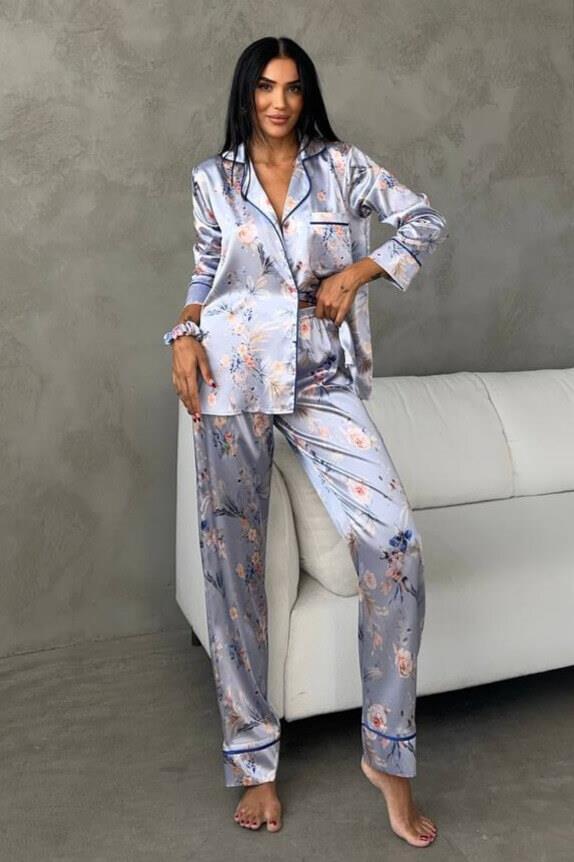 Çiçek Desenli Kadın Gömlek Detaylı Pijama Takımı - Mavi